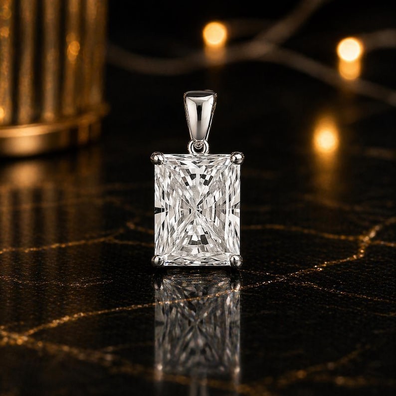 14K White Gold Plated 2Ct Radiant Cut Lab Created Diamond Solitaire Pendant