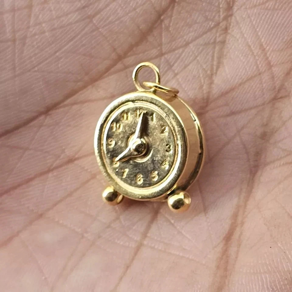 Vintage Style Clock Charm Pendant 14K Yellow Gold Plated Silver Free 18″ Chain