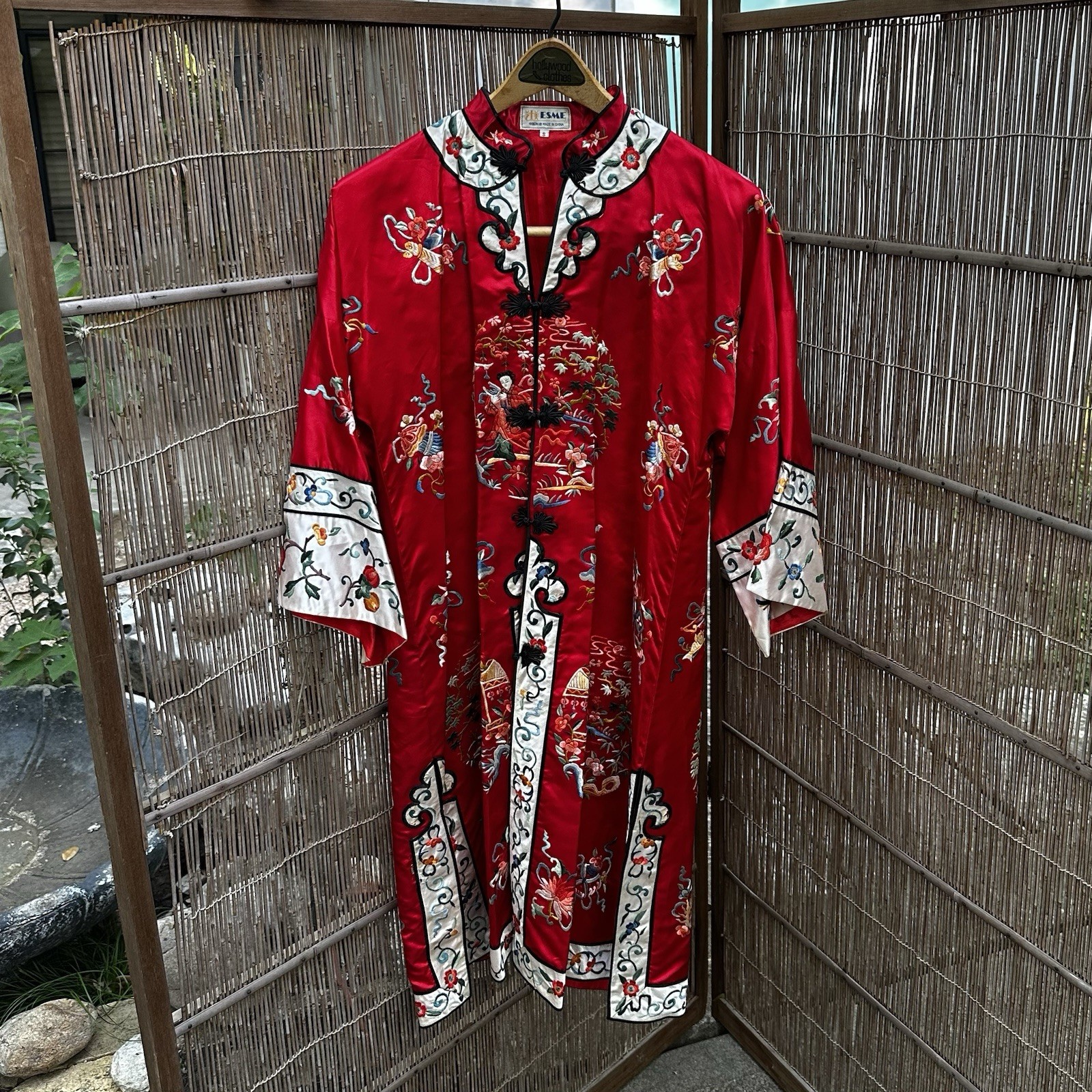 Vintage ESME 50s / 60s Chinese Red Embroidered Long Silk Robe Jacket Sz S