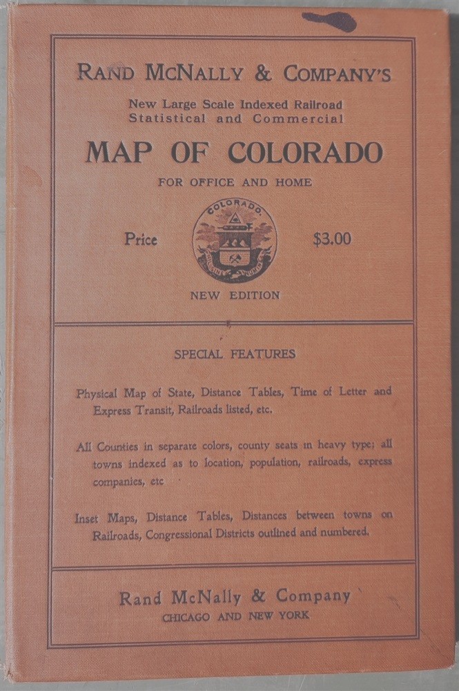 COLORADO MAP 1910 RAND McNALLY STATISTICAL COMMERCIAL RAILROAD 41 x 43″ w FOLDER