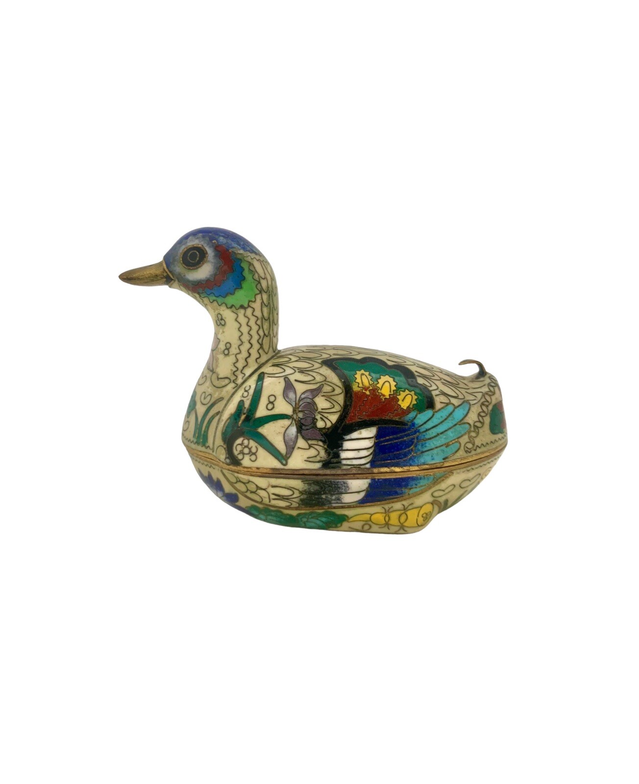 Duck Design Trinket Box Cloisonné Enamel Brass Bird Old Vintage Oriental Decor
