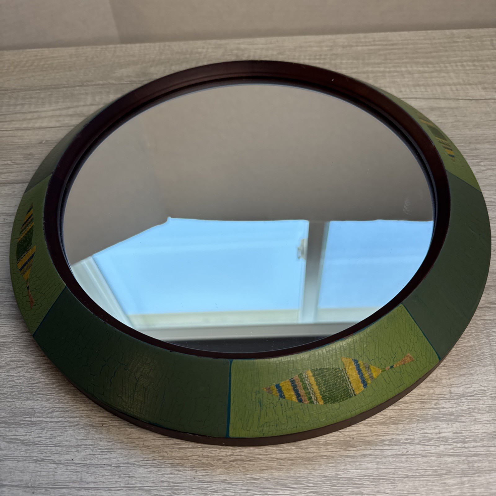 VINTAGE MCM DANISH 13.5”ROUND HANGING TEAK/WALNUT MIRROR HANDMADE MOOSUP VALLEY