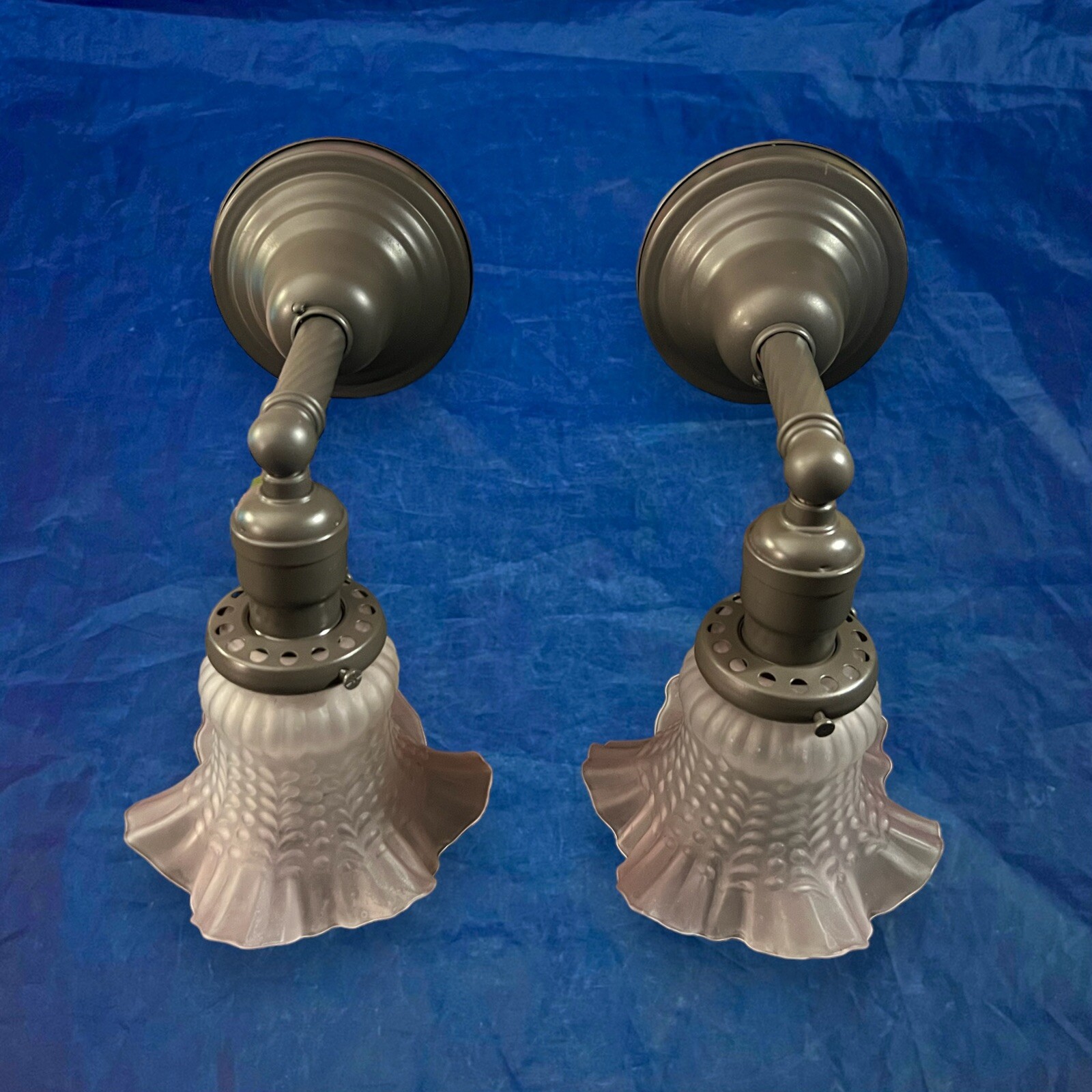 Pair Antique brass Gray Finish wall sconces Purple Tint Shades 44C