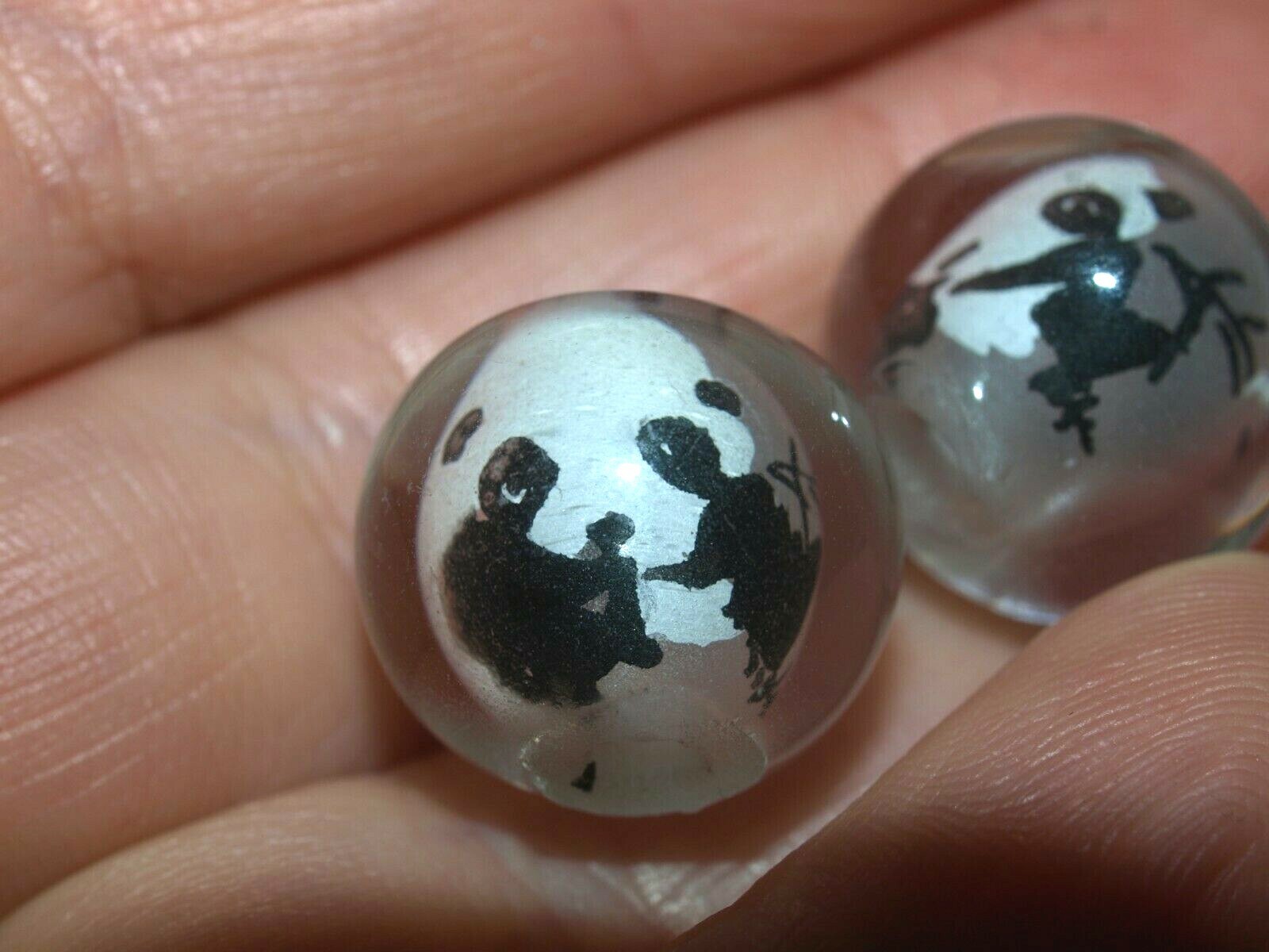 Pair of Vintage Chinese Reverse Painted Glass Beads Panda Bears 15mm Round