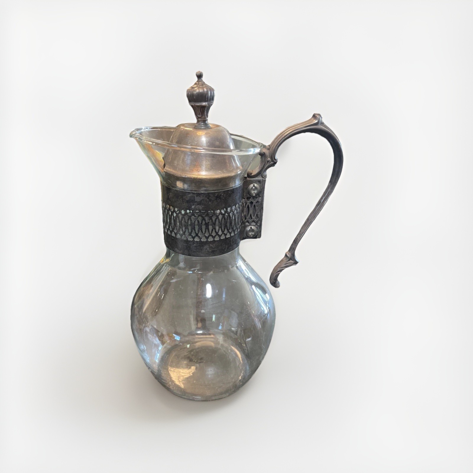 Vintage Corning Brand Glass Coffee/Tea Heat Proof Carafe Silver Plated Pitcher