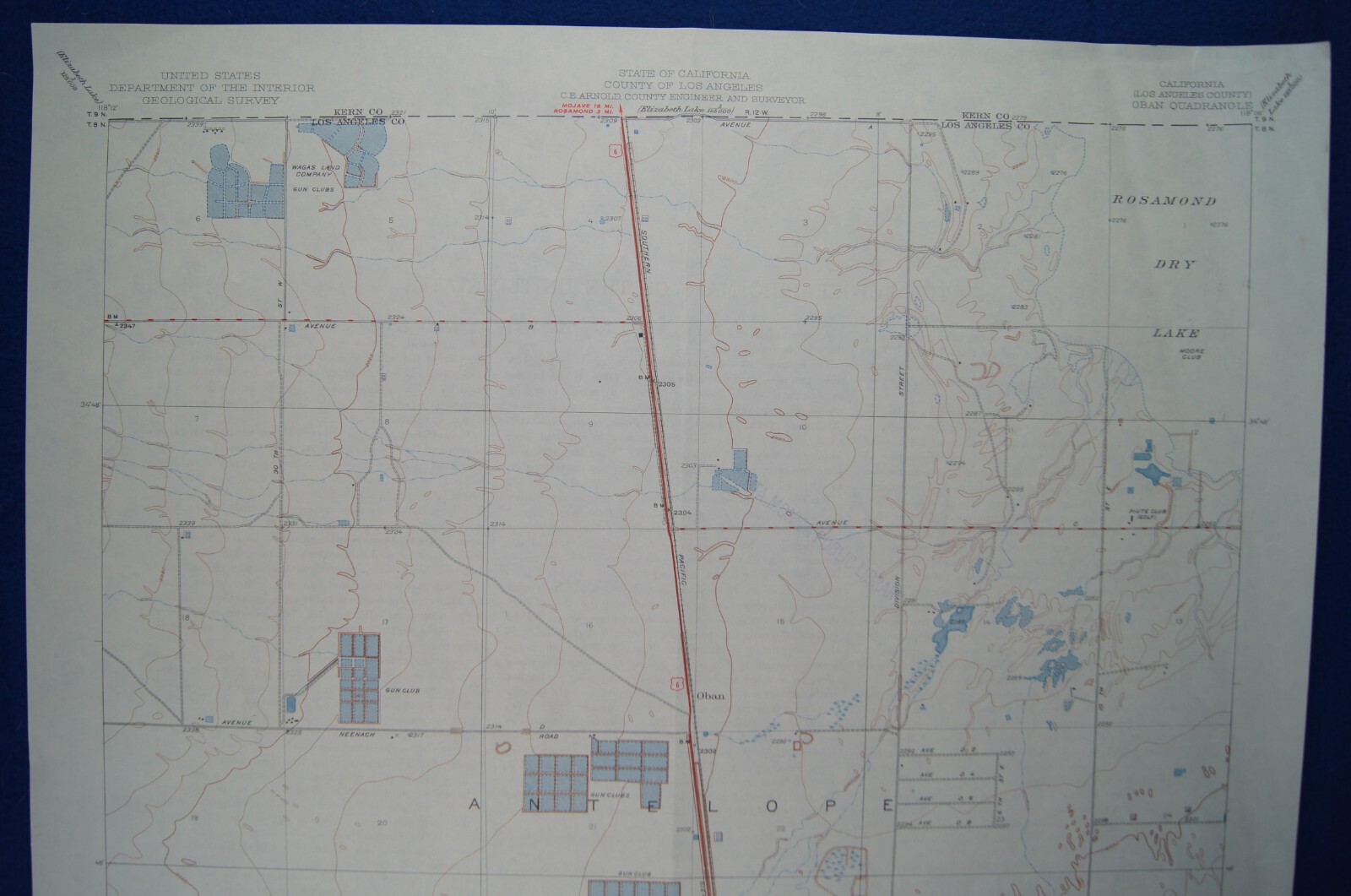 Vintage 1949 USGS Topo Map Oban / Lancaster, California 17 X 25″ Antelope Valley