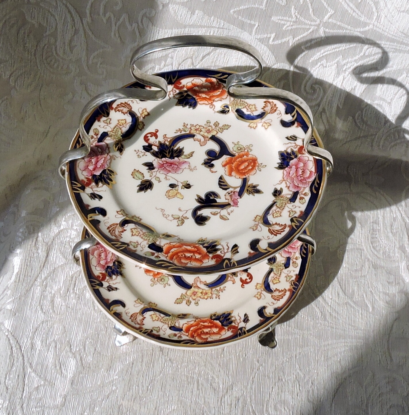 James Dixon & Sons Sheffield Made Tea Cake Stand with Mandalay Blue Mason’s Plat