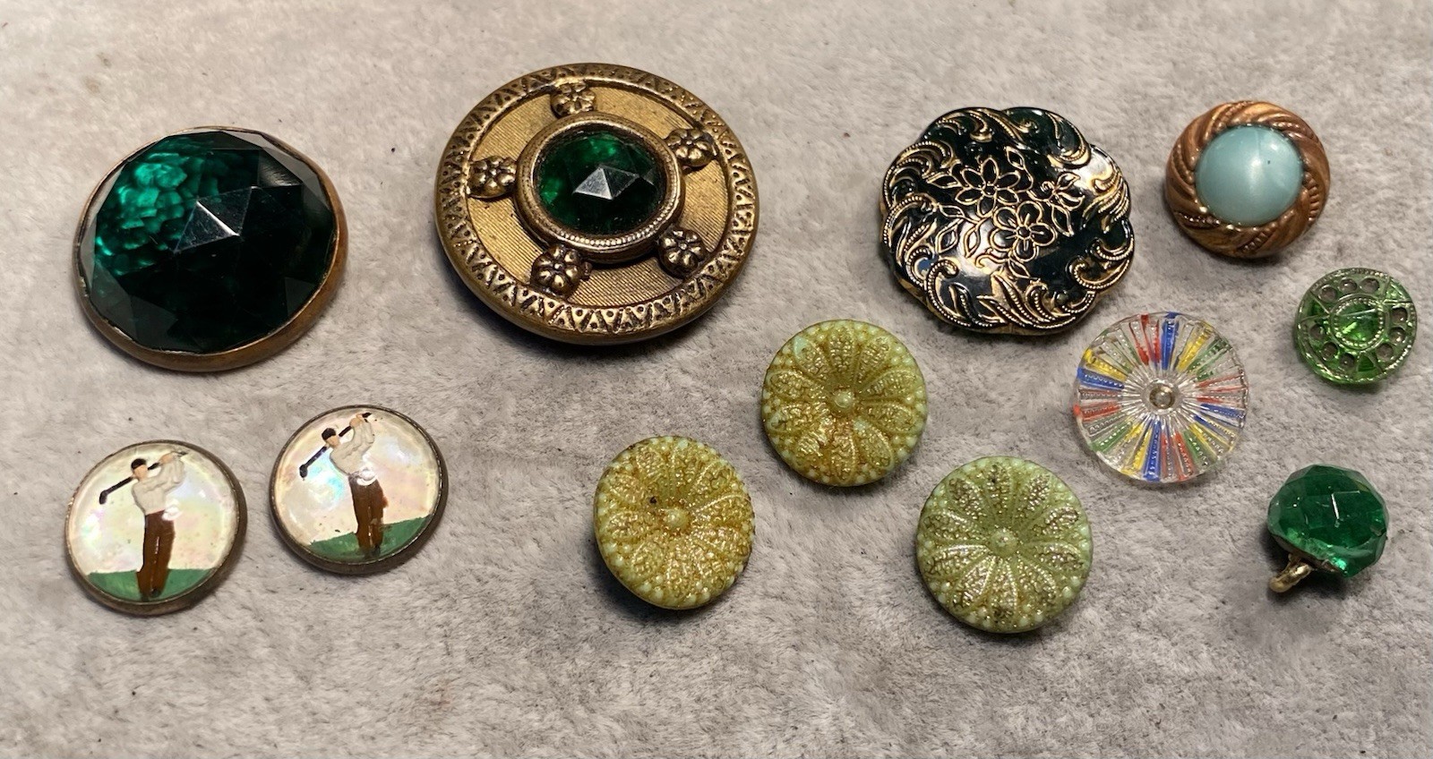 Antique Button Group Of 12 Glass In Metal , Metal, Glass 1/2” -1-1/16”