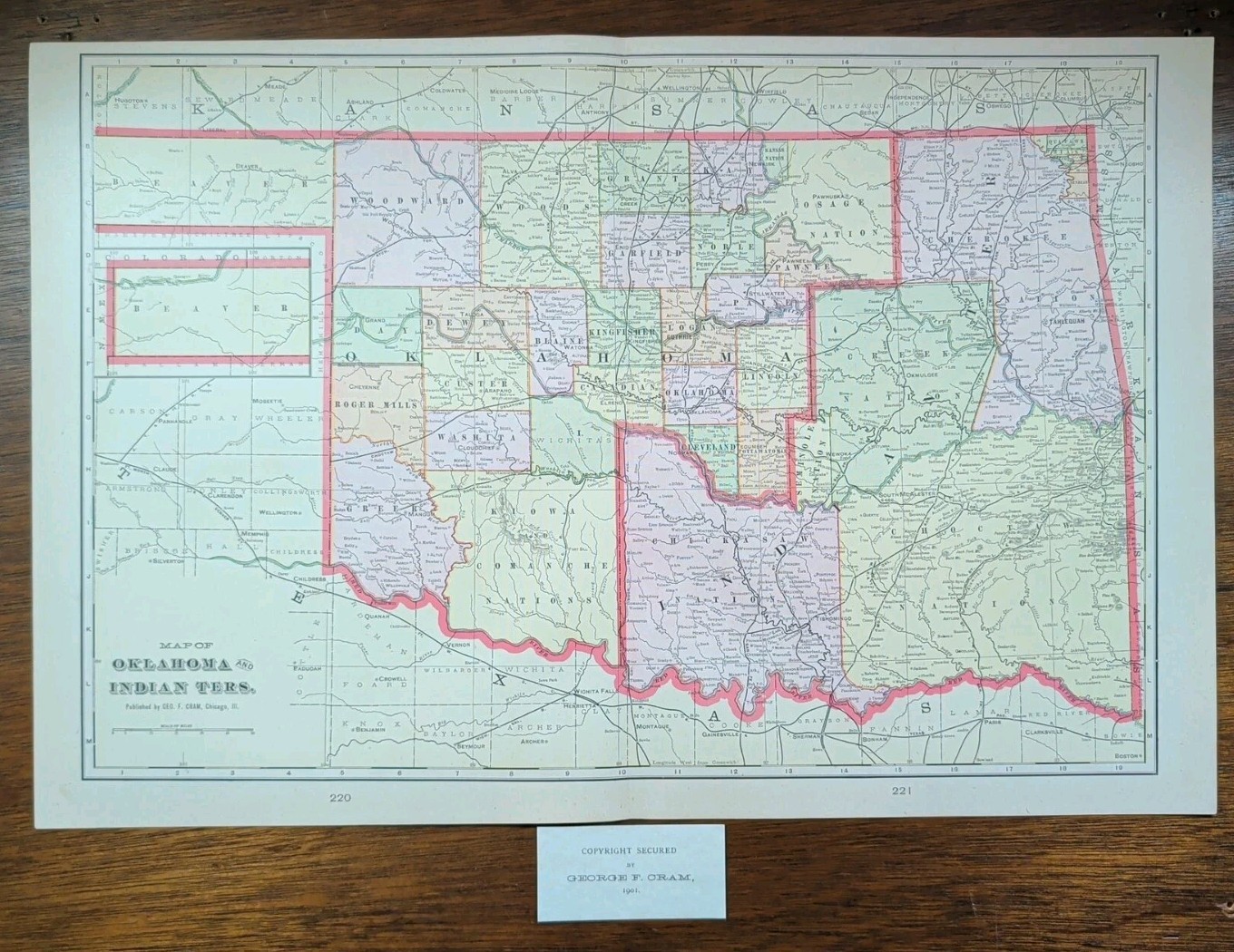 Vintage 1901 OKLAHOMA INDIAN TERRITORY Map 22″x14″ Old Antique Original CHOCTAW