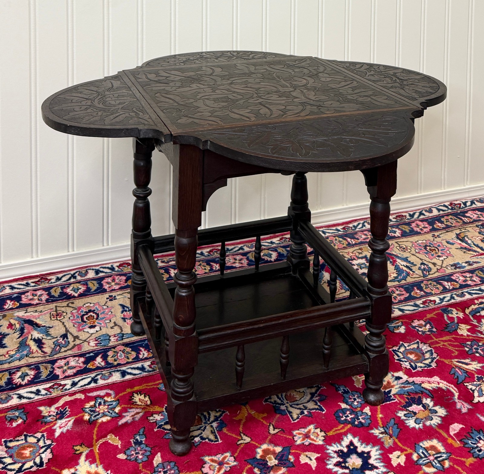 Antique English Cloverleaf Side Table Carved Top Lower Gallery Oak c. 1900