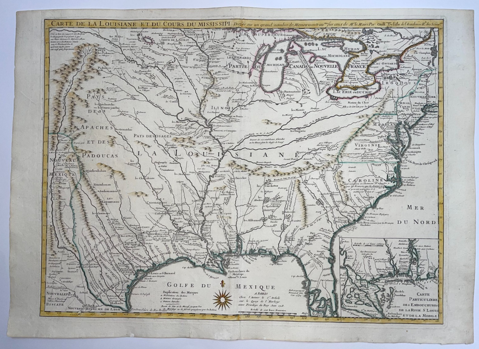 TEXAS MISSISSIPI LOUISIANA 1718 GUILLAUME DELISLE UNUSUAL LARGE ANTIQUE MAP