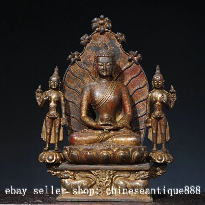 11.8” Old Tibet Tibetan Buddhism Bronze Gilt Shakyamuni Amitabha Buddha Statue