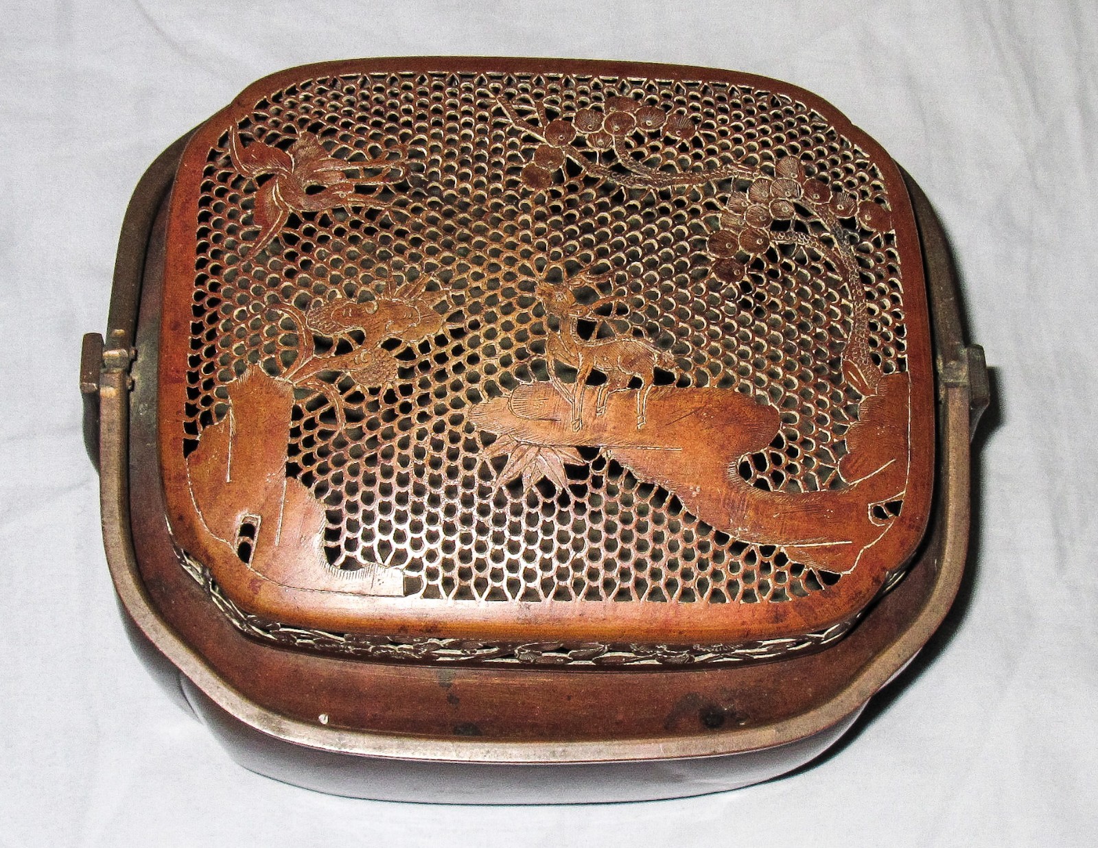 Antique 19th C Japanese Bronze Ornate Hand Warmer w/ Deer Scene Rare and Unique