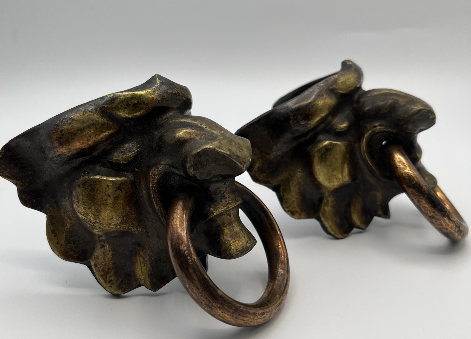 Pair Vintage Brass Lion Head Ring Pulls Angled Mount Slant Front Desk Hardware