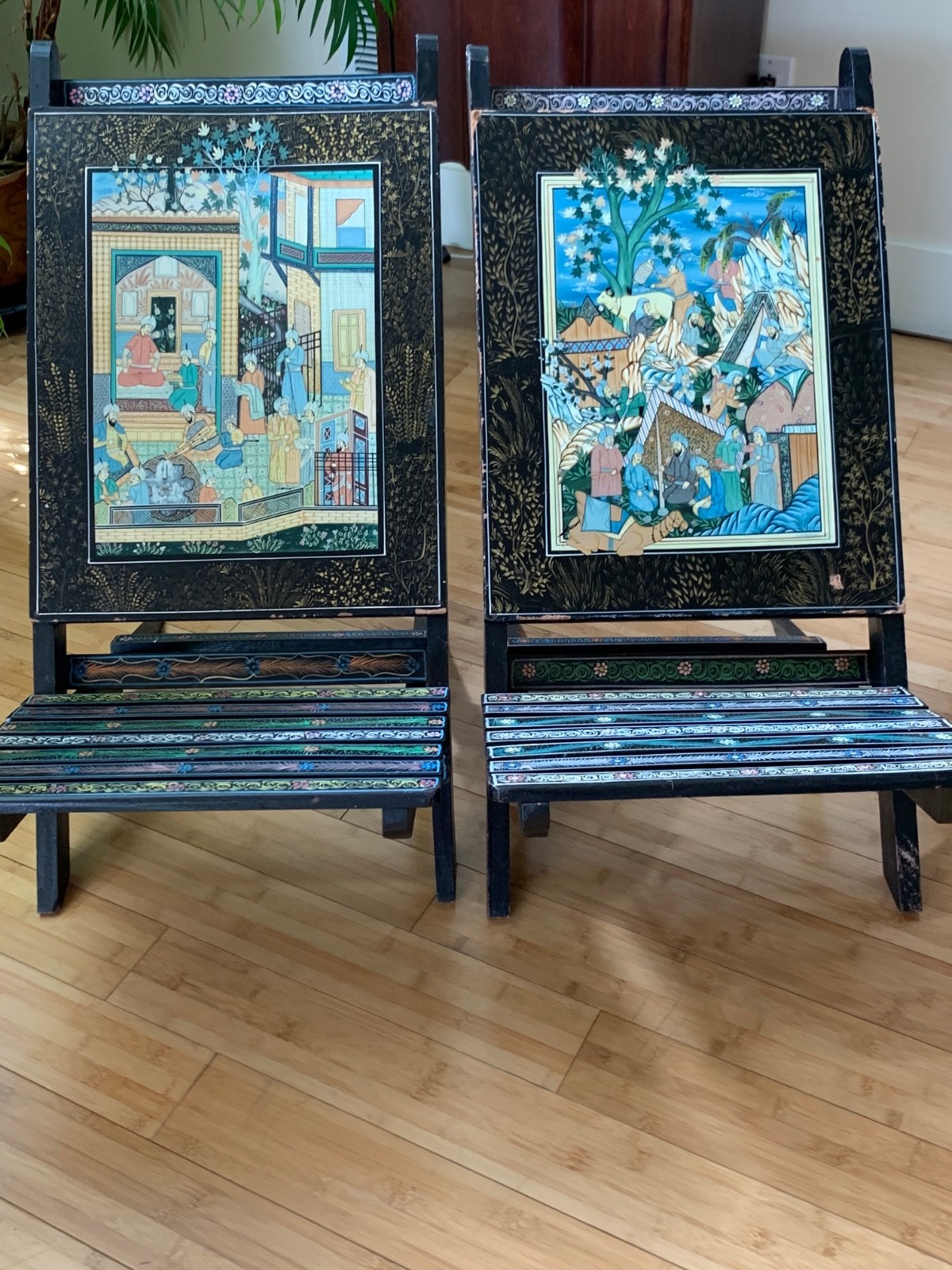 2 ANGLO INDIAN HAND PAINTED FOLDING-CHAIR ORNATELY DETAILED