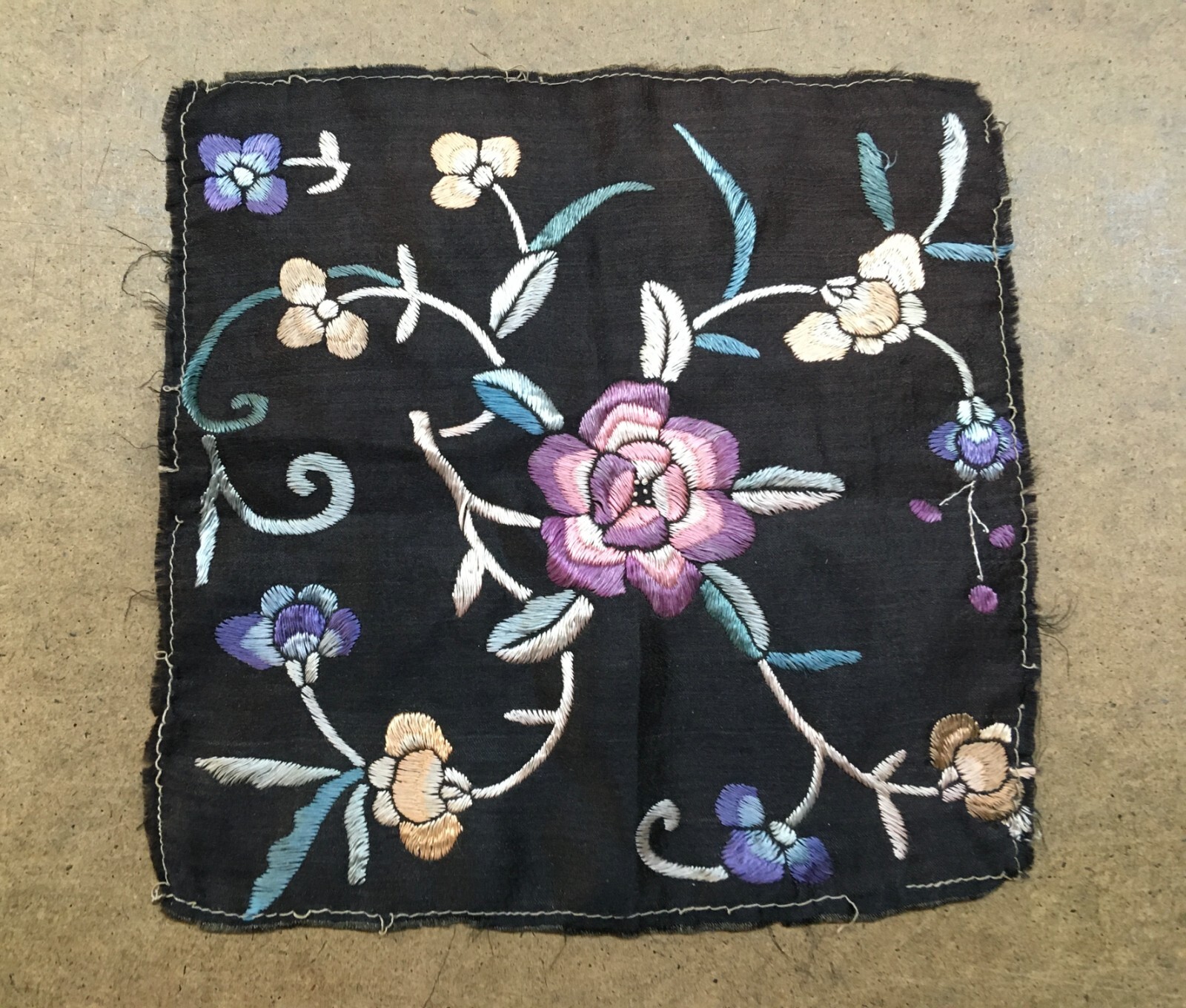 Antique Chinese Embroidery Flower Rose 8″ Square Fragment Circa 1900-1915