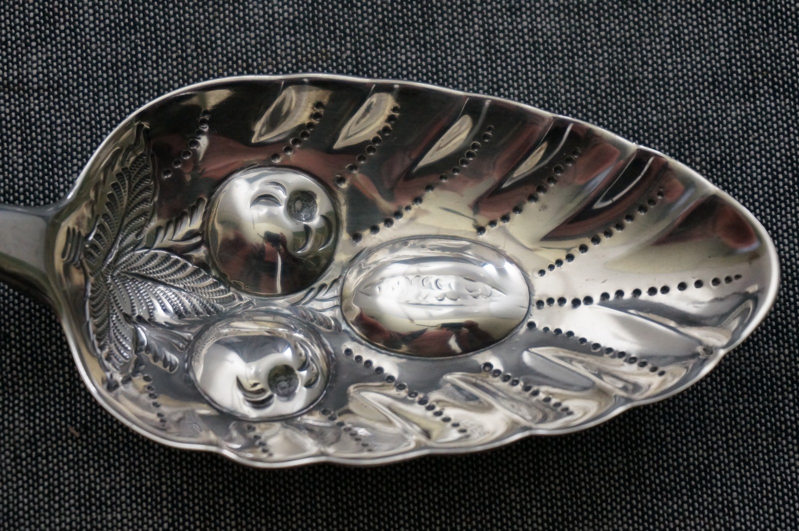 RC/GS STERLING SILVER Engraved Repousse SERVING / BERRY SPOONS (2) – London 1810