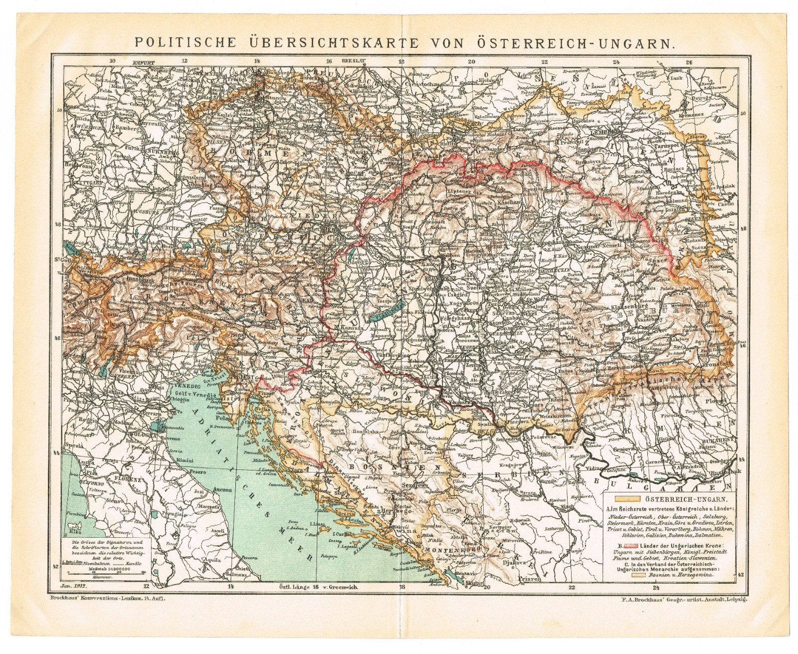HUNGARY 1912 AUSTRIA Croatia Galicia Slovenia Ukraine Poland Antique Old Map