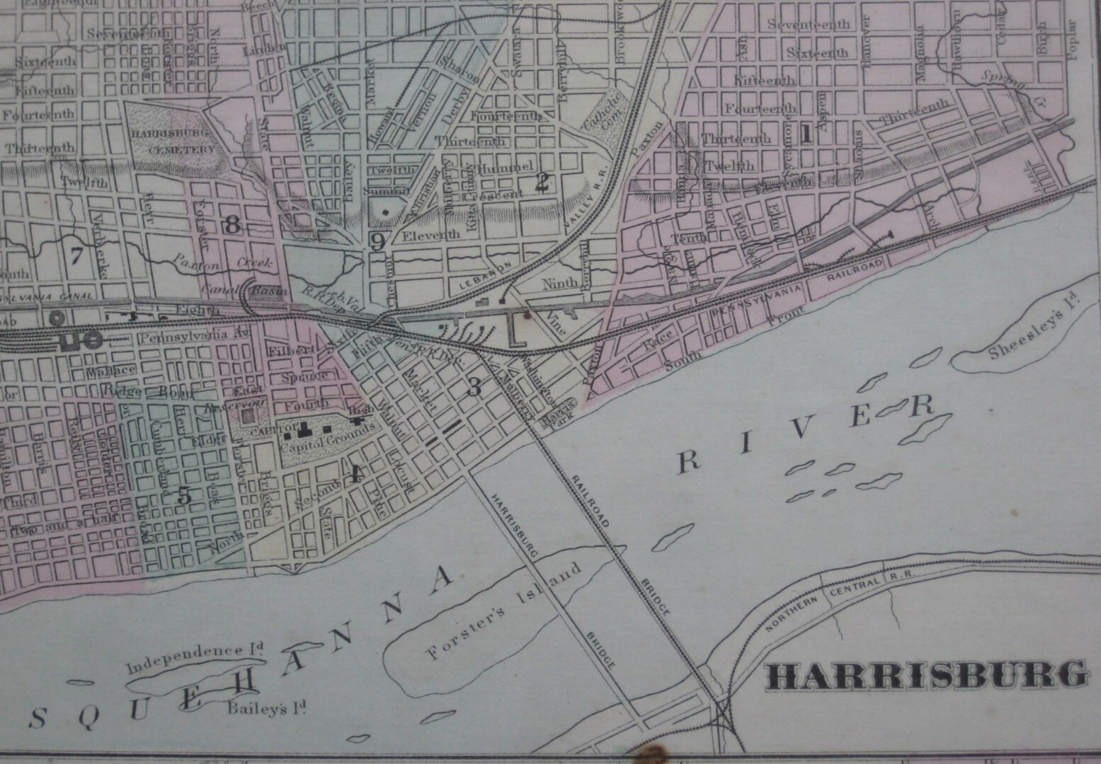 Original 1871 Mitchell Map PENNSYLVANIA + Williamsport Erie Scranton Harrisburg