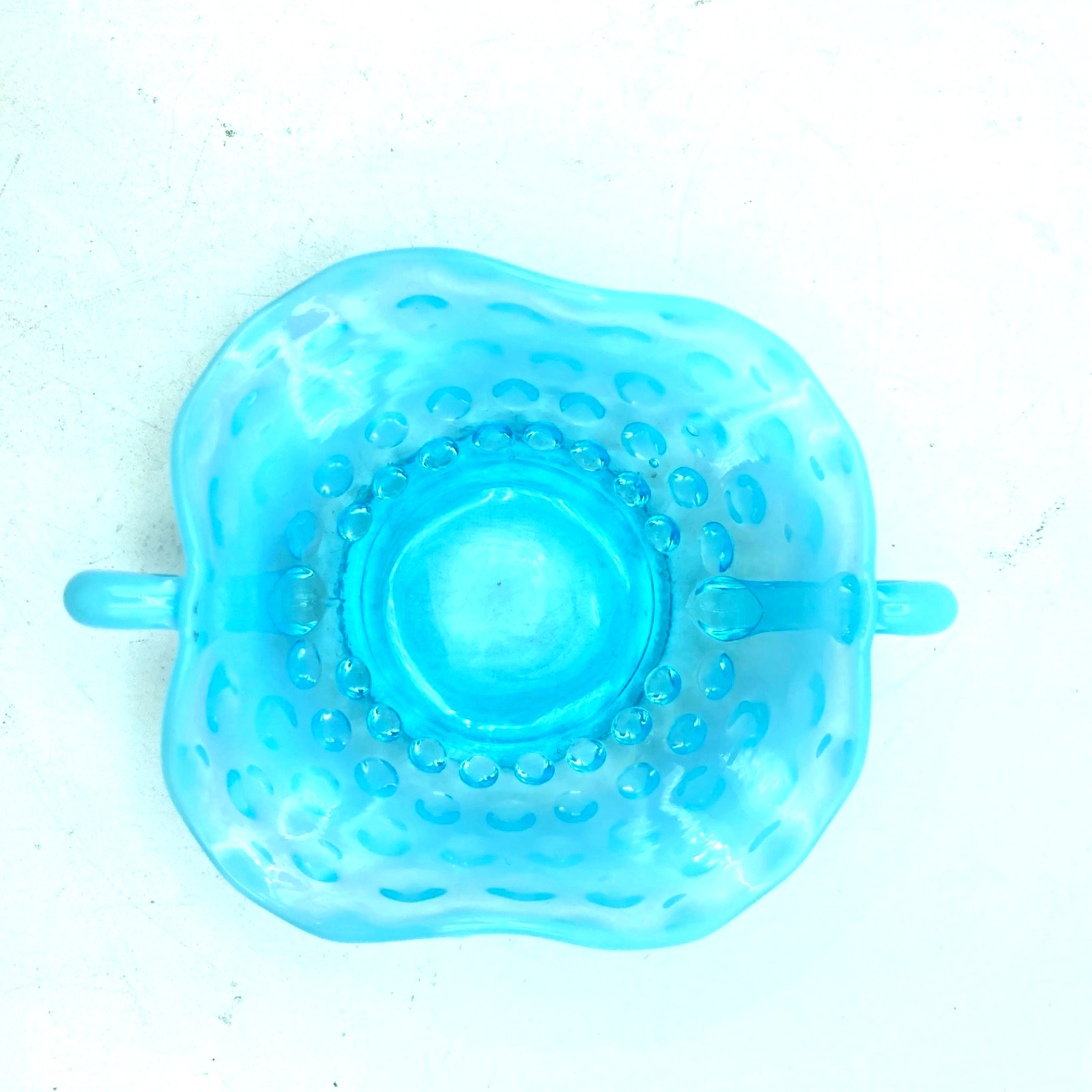 Fenton Blue Opalescent Double Handled Bowl Hobnail Trinket Bon Bon Dish 4 3/4″ W
