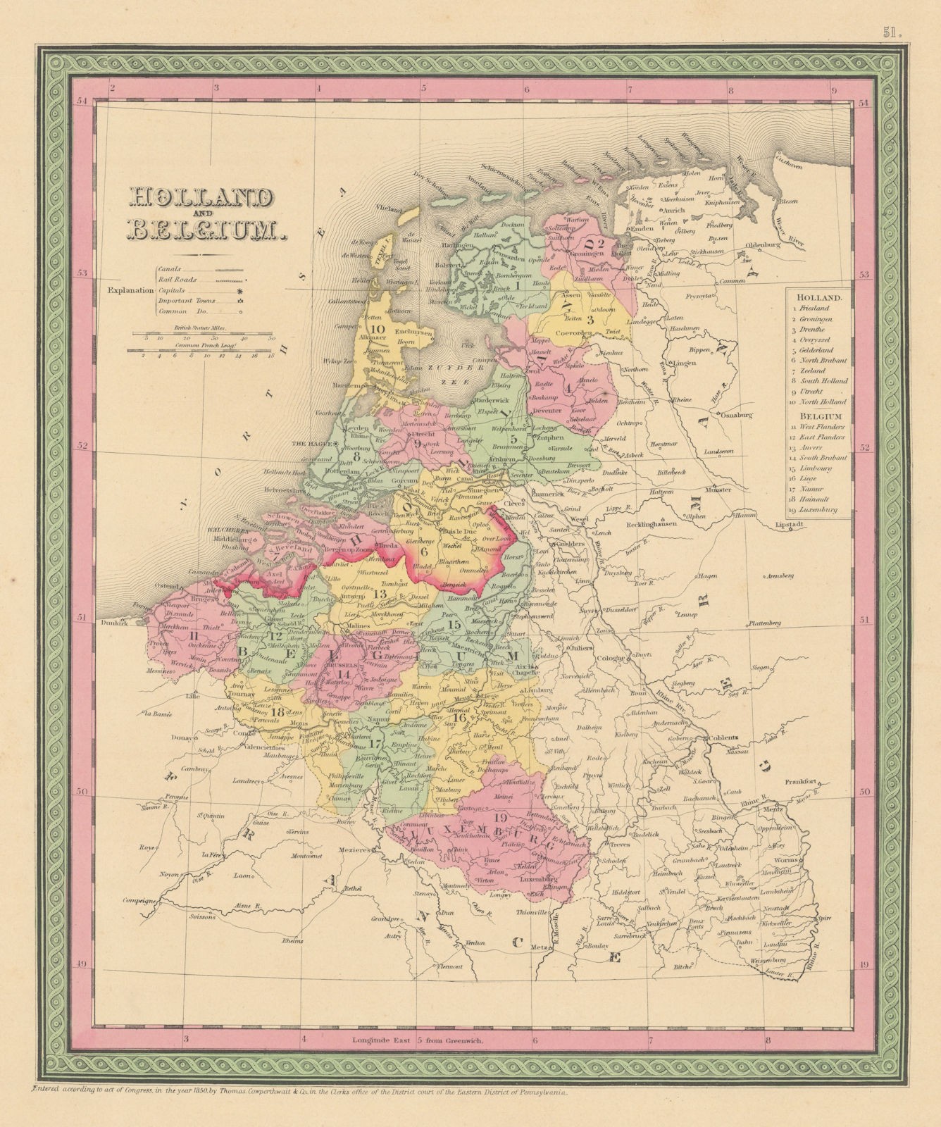 Holland and Belgium. Netherlands Luxembourg. THOMAS, COWPERTHWAIT 1852 old map