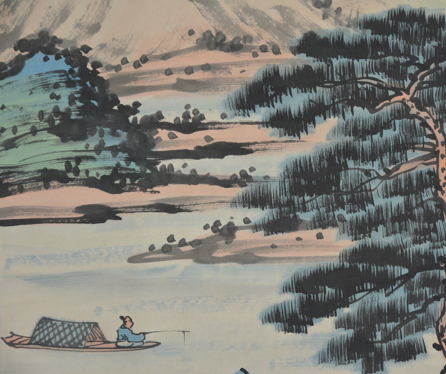 Vintage Chinese Watercolor LAKE LANDSCAPE Wall Hanging Scroll Painting