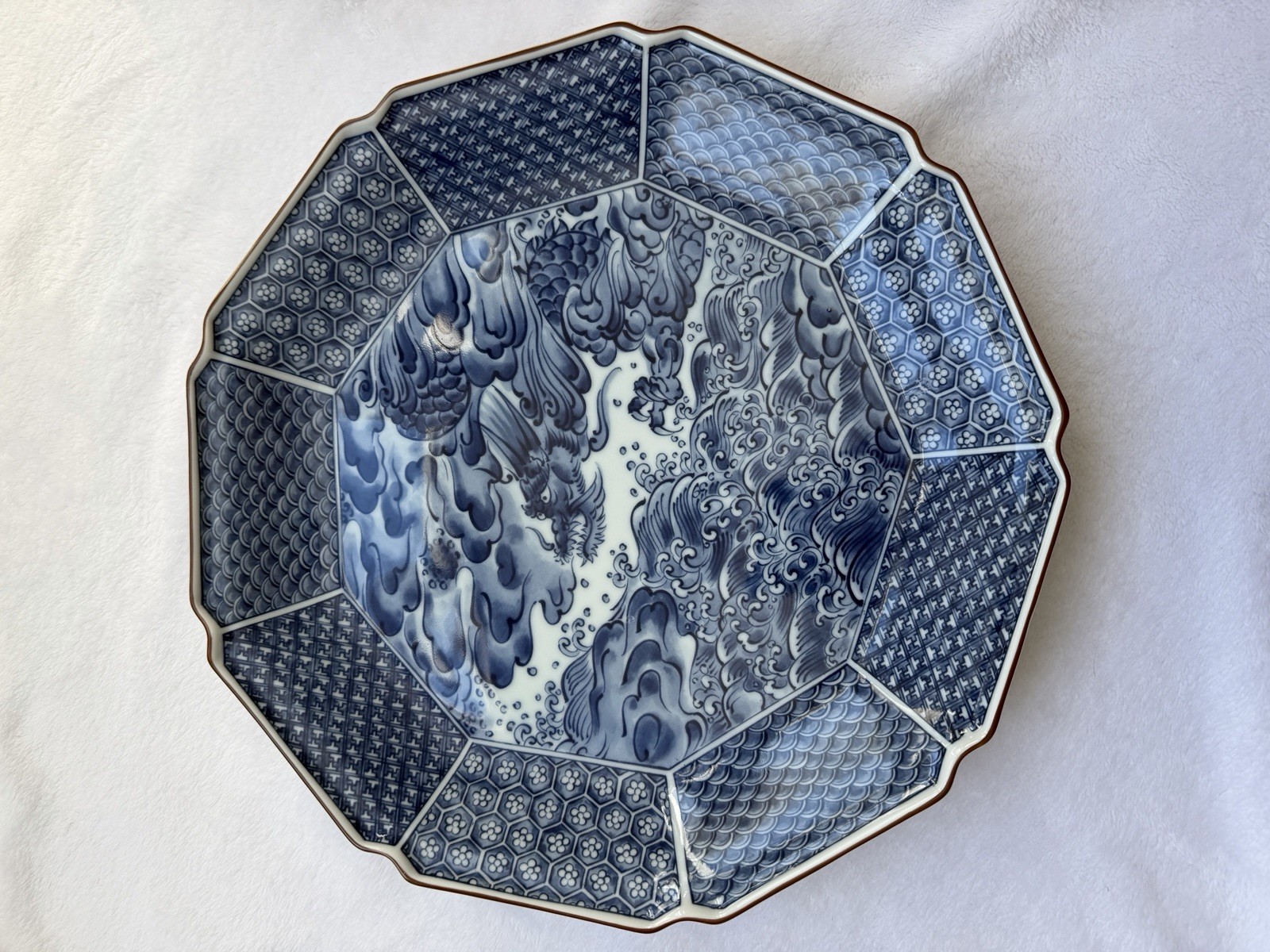 Japanese Blue & White Porcelain Plate 12” Wide 9 Sided. Very Beautiful!