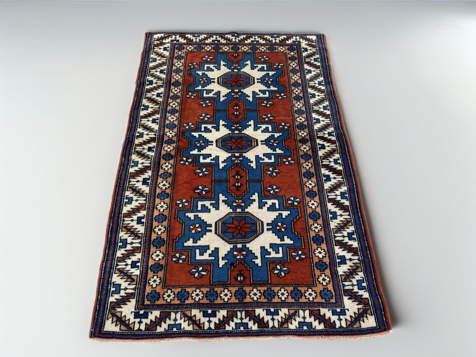 1980s Vintage Turkish Area Rug 3.6×6 ft Blue Hand-Knotted Wool Kazak Tribal Rug