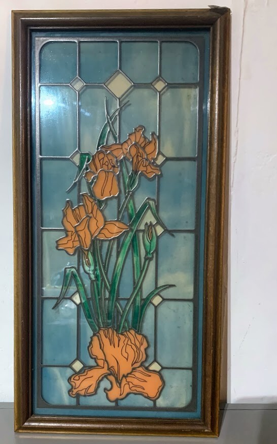 VTG 1980’s Glass Window Hanging Peach Iris Flowers Painted on Blue Glass UNIQUE