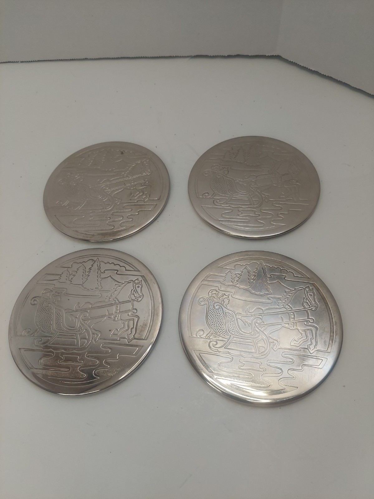 Vintage ROYAL LIMITED Silver Plate Coaster Set Of 4 Christmas/Winter Theme