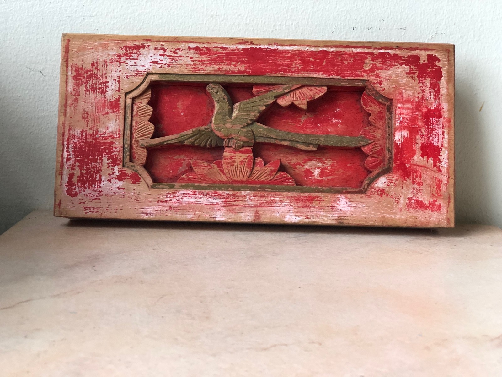 Red & Gold Vintage or Antique Chinese Hand Carved Wood Panel Relief Bird Motif