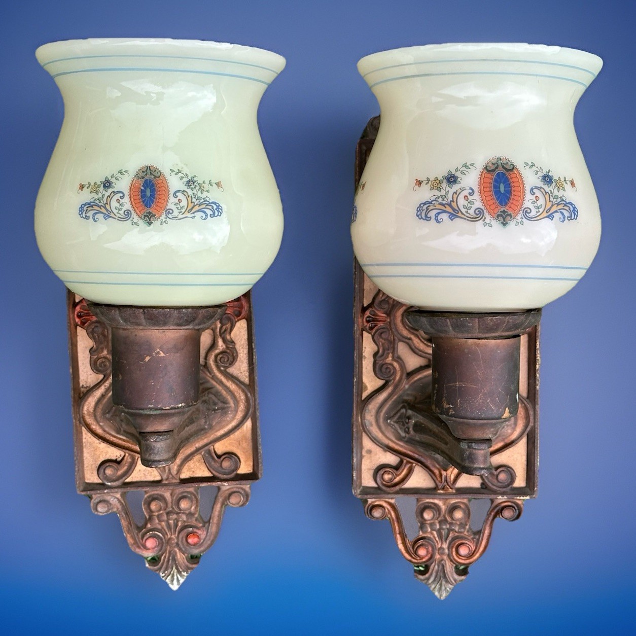Amazing Antique Bronze Wall Sconces Uranium Custard Glass Slip Shades