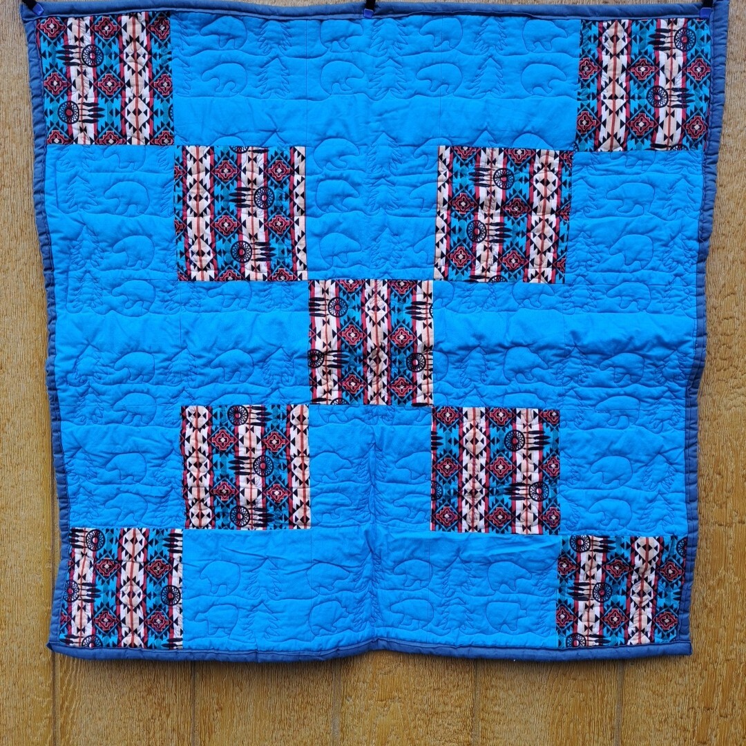 Blue Aztec Western Bear Crib Doll Baby Quilt Patchwork 35″x35″
