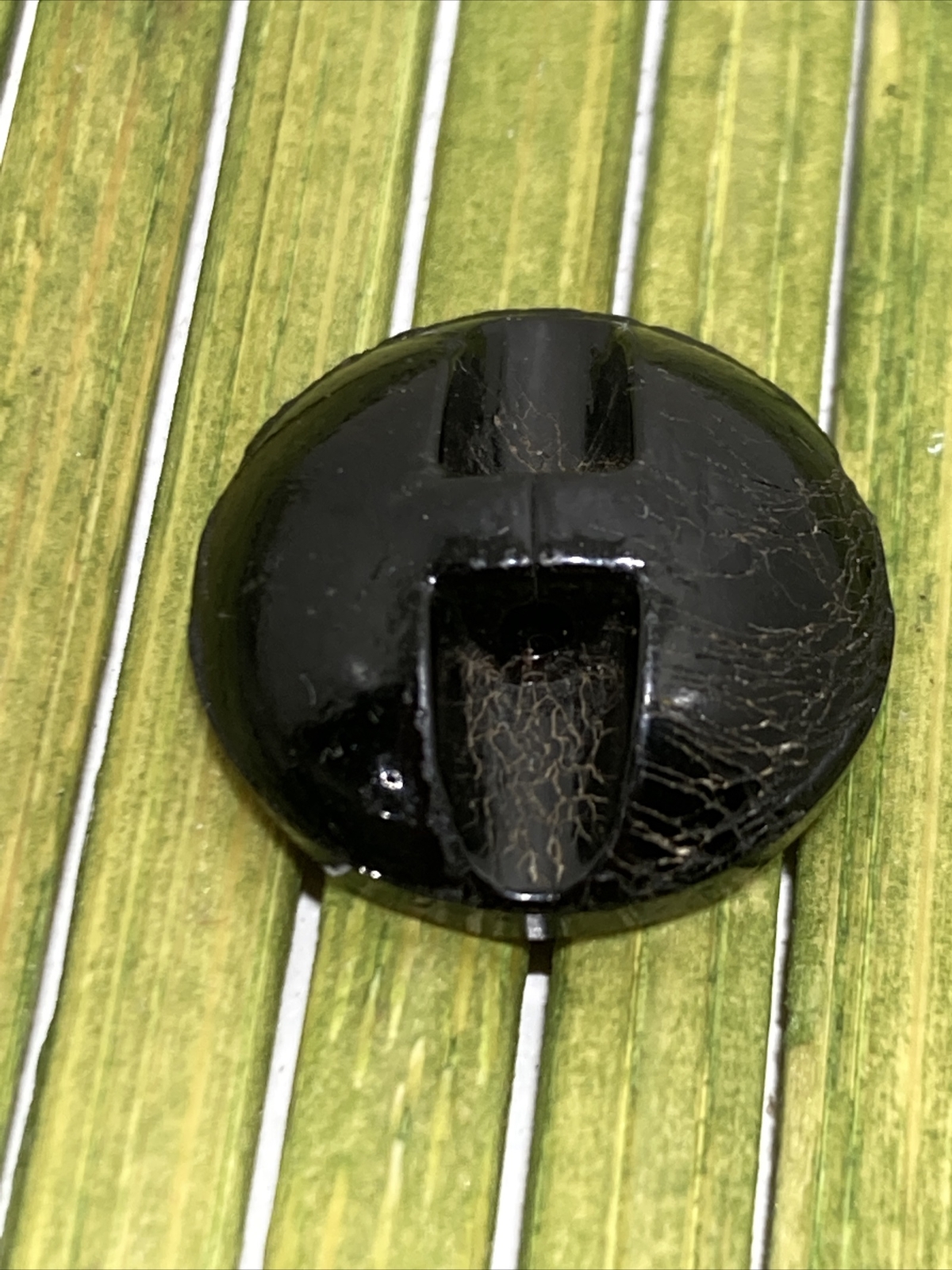 Antique Jet Black Glass Button Flat Face Zig Zag Etched Tunnel Shank 5/8″