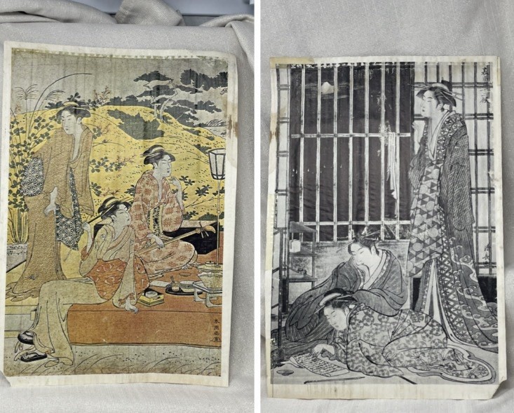 Vintage Japanese Woodblock Style Print Double-Sided Geisha Scene Signed Ukiyo-e