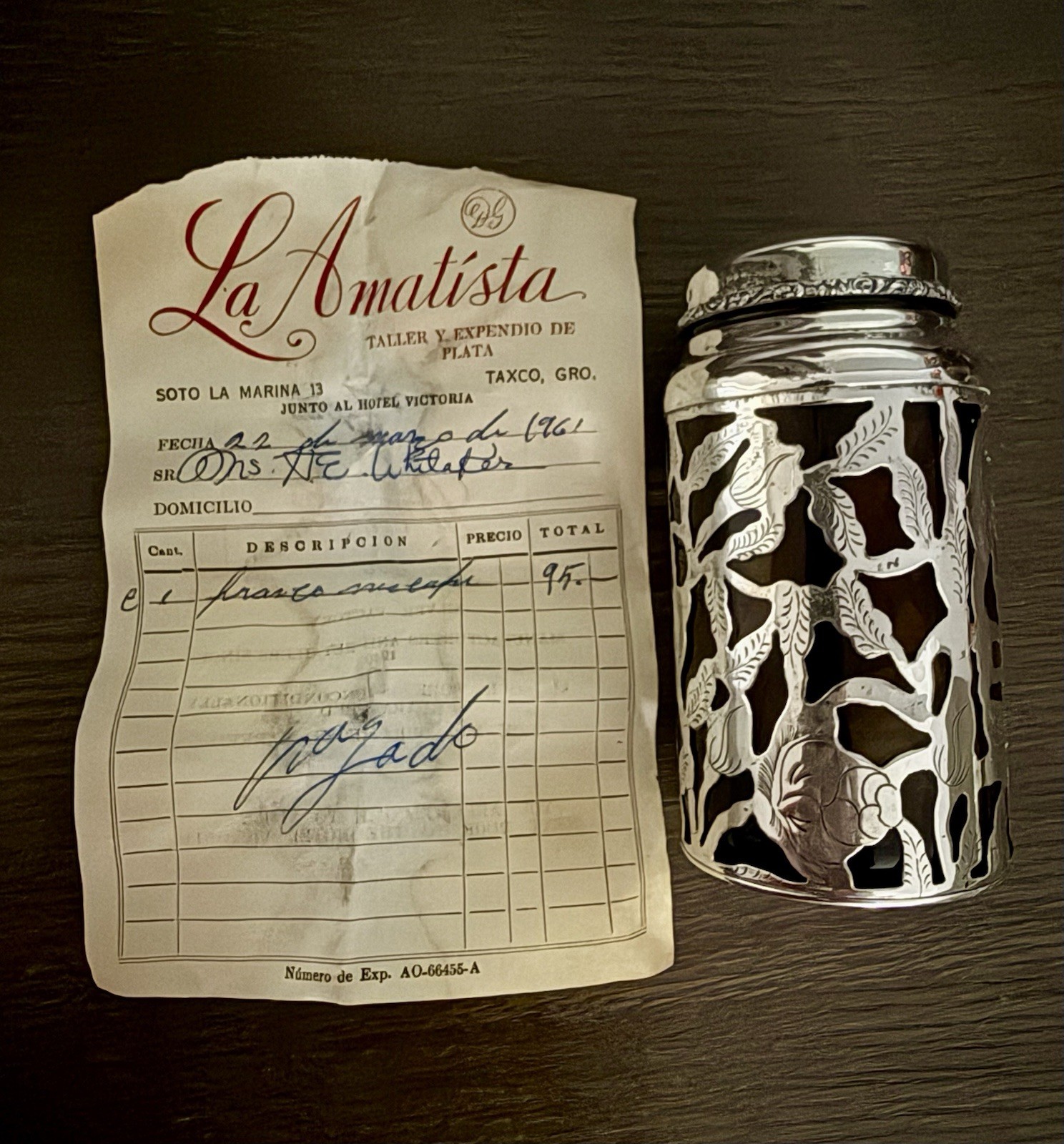 Vintage 1961 Taxco Mexico Sterling Silver Overlay Amber Glass Jar RG 925 Receipt