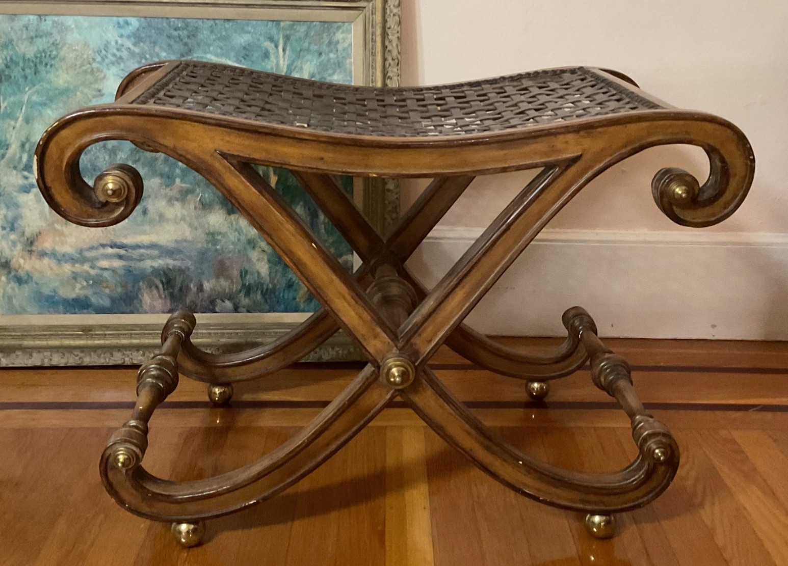 18.5” Hollywood Regency Curule Stool Bench Woven Leather Seat Brass Ball Accents