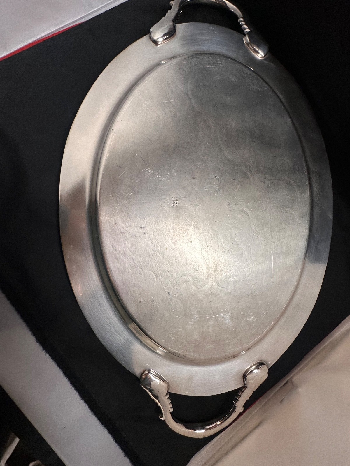 Vintage Silver on Copper Oval Serving Tray w/ Handles – Etched Scroll Design
