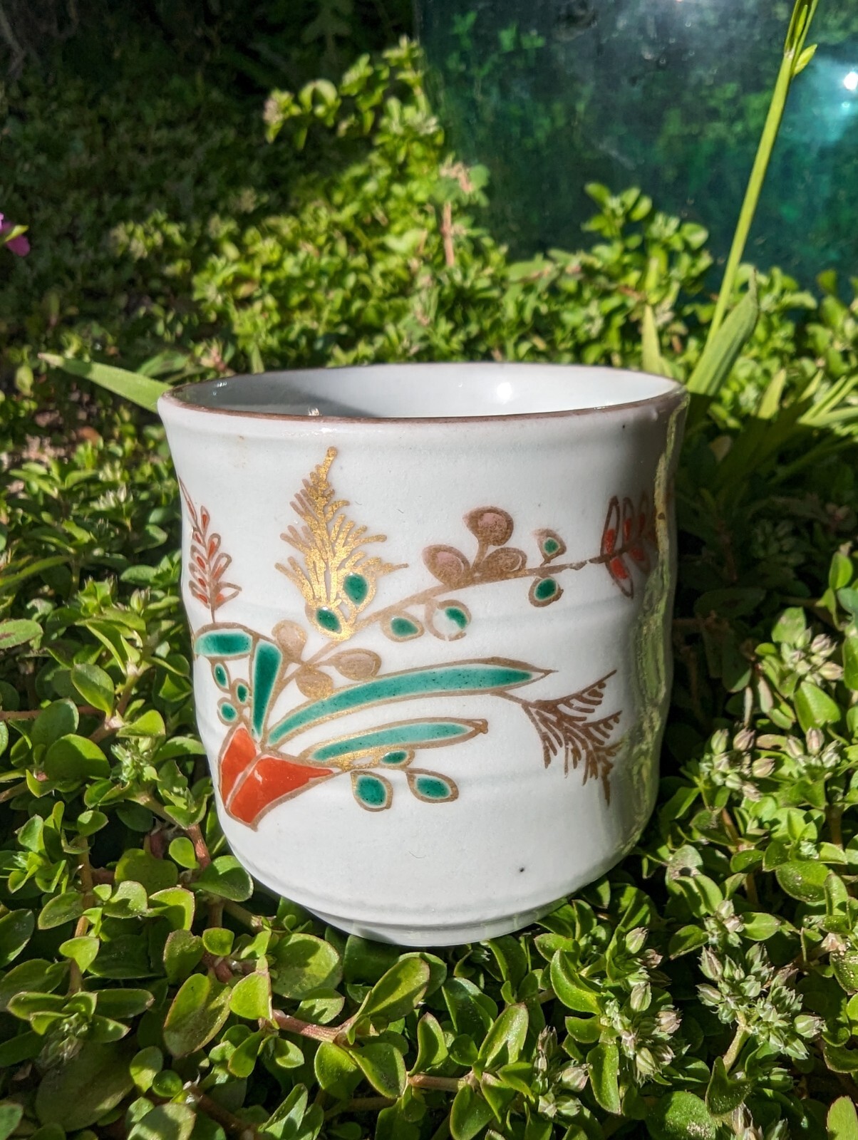 Antique Japanese Arita Imari Porcelain Sake Cup Guinomi Ferns Flowers Edo Japan