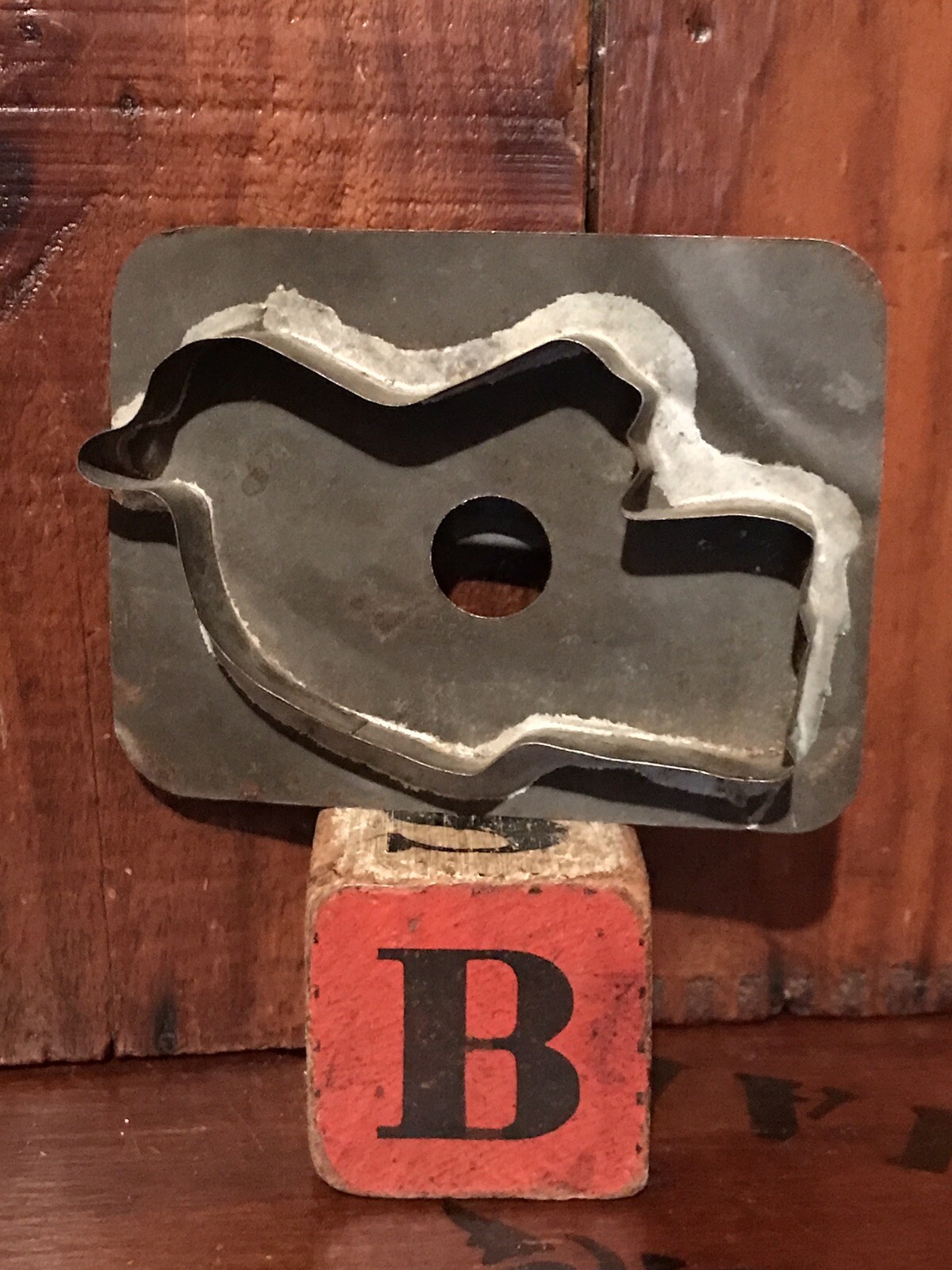 Antique Primitive Folky Bird Tin Tinware Cookie Cutter & Old Toy Block AAFA