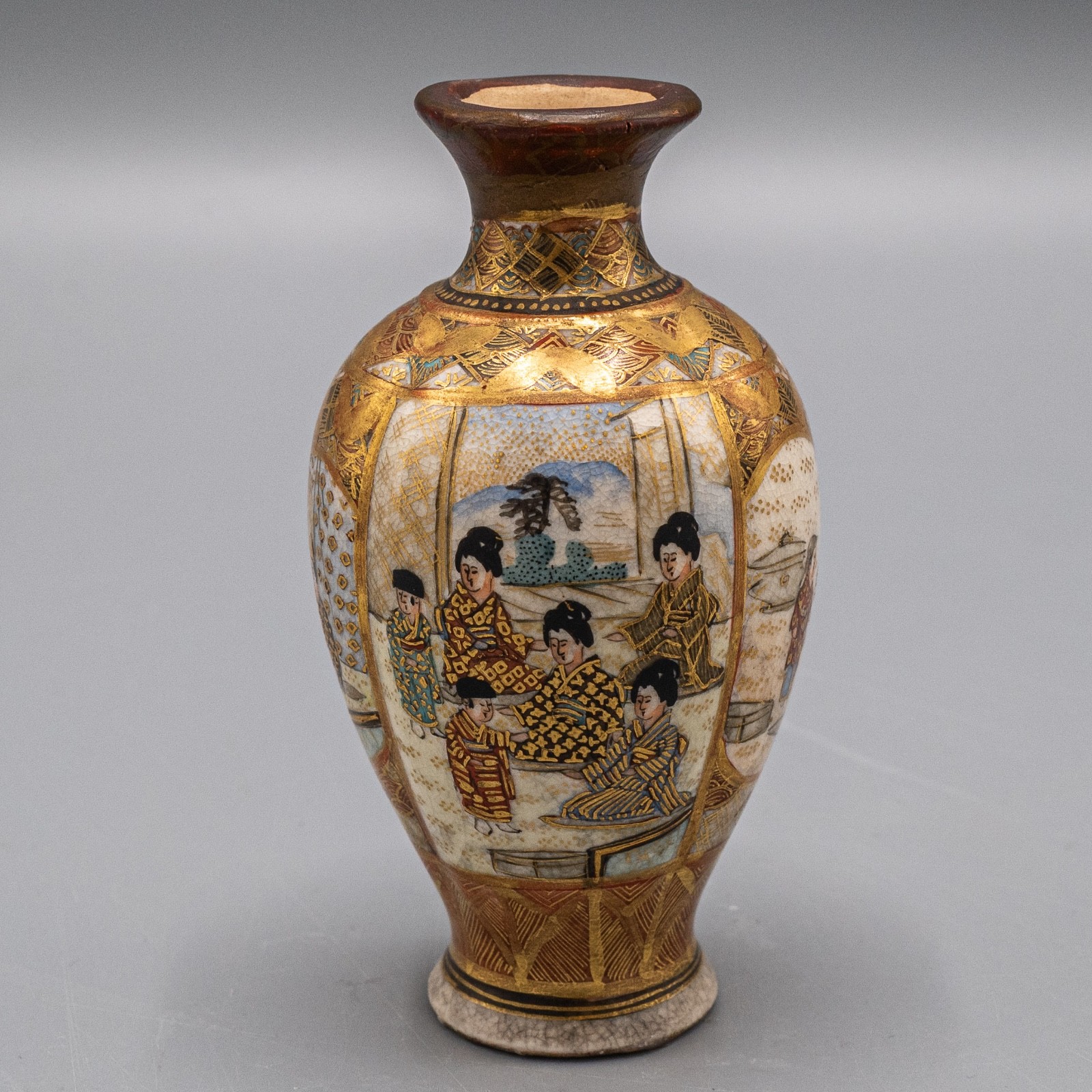 Japanese Satsuma Vase 3 3/4″ Signed Antique Meiji Women Emperor REPAIR- #R