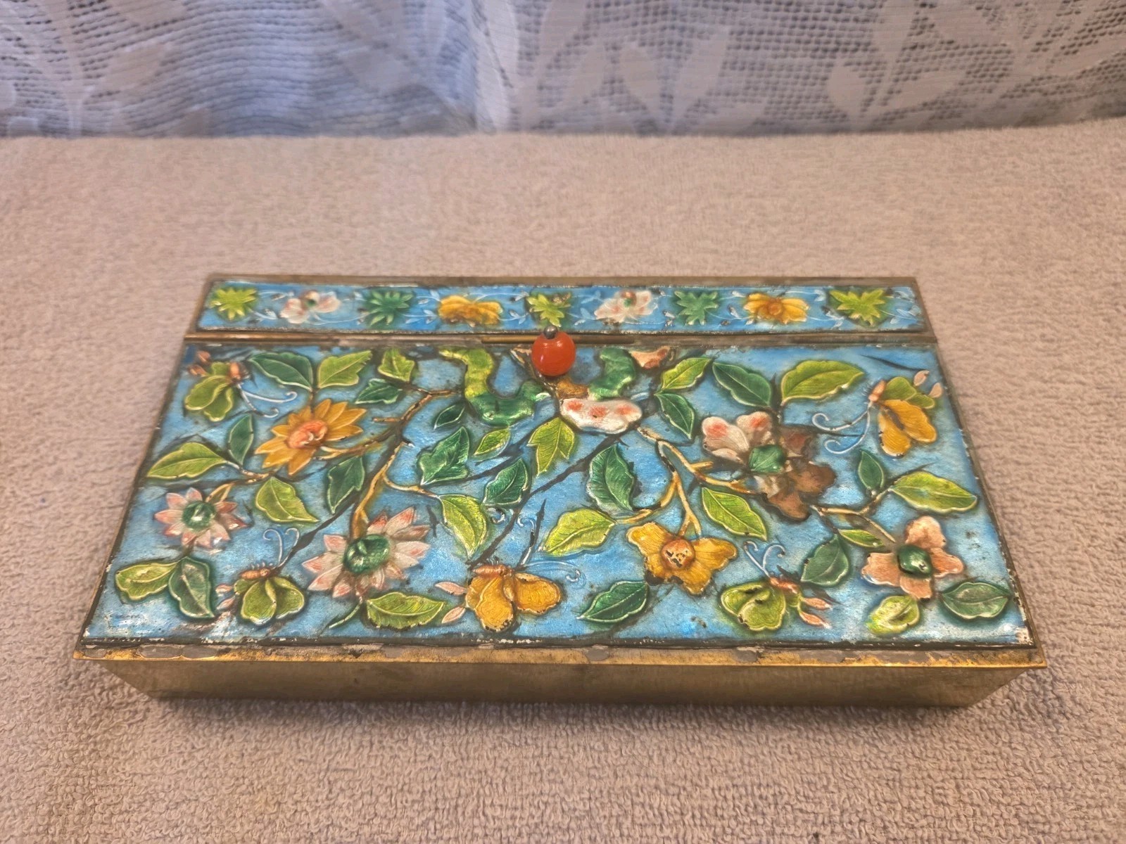Antique Chinese Cloisonné Letter Box Enamel Floral China