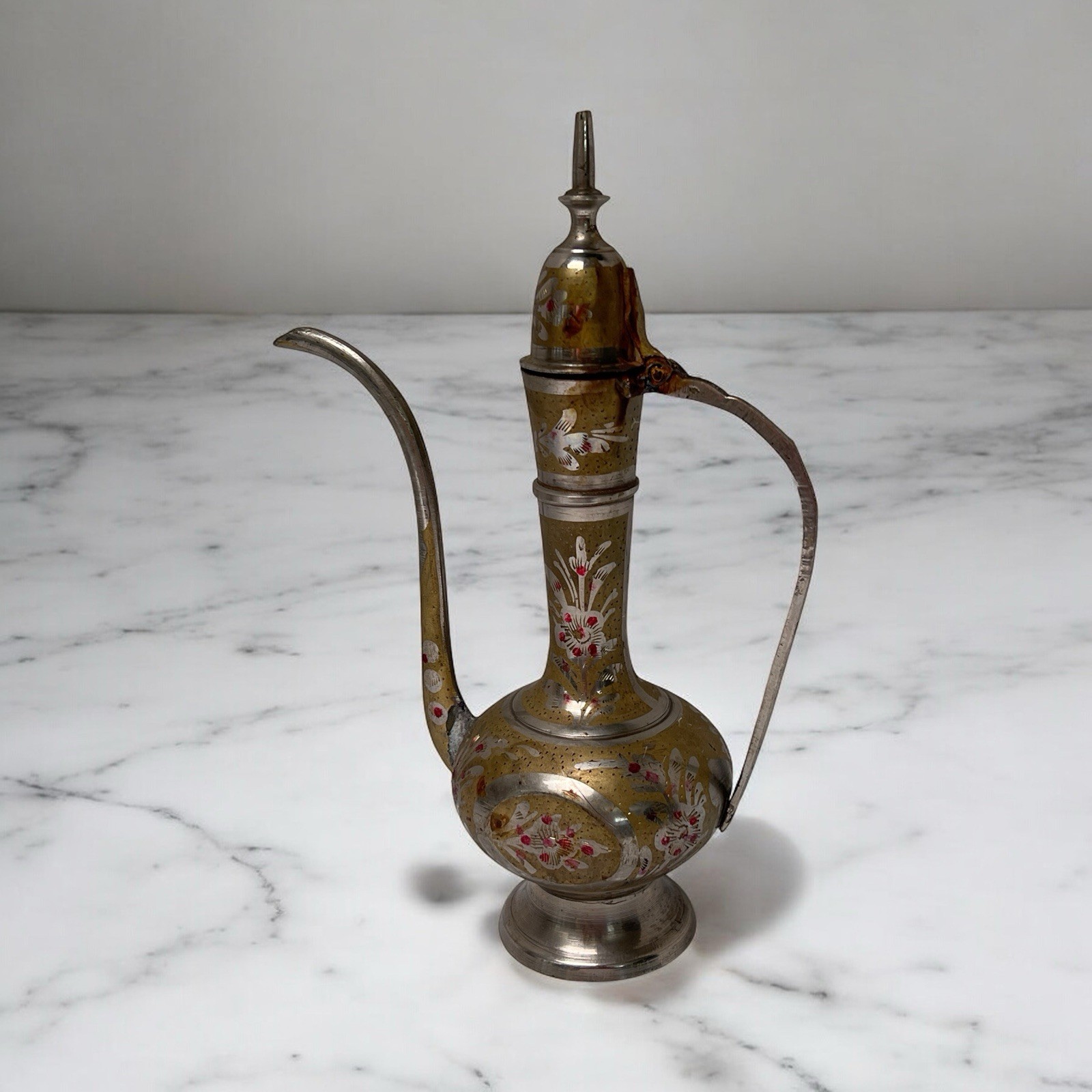 Vintage Indian Brass Etched Floral Design Genie Tea Pot Approx 12 Inches Tall