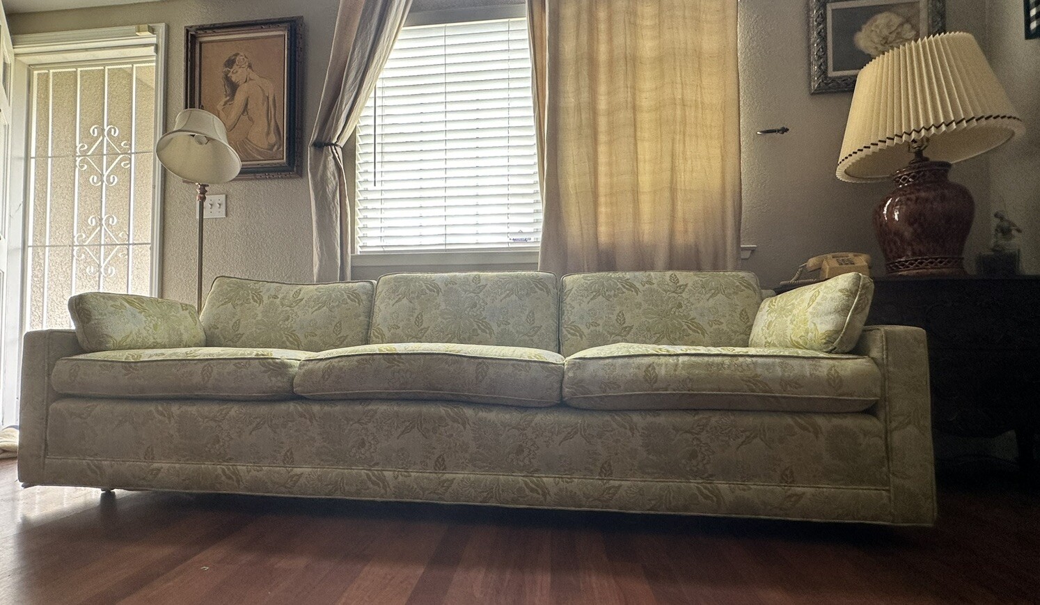 VTG MCM Low Rise Couch 97”x32.5”x28” Yellow Floral Pastel Blue Flowers Pattern