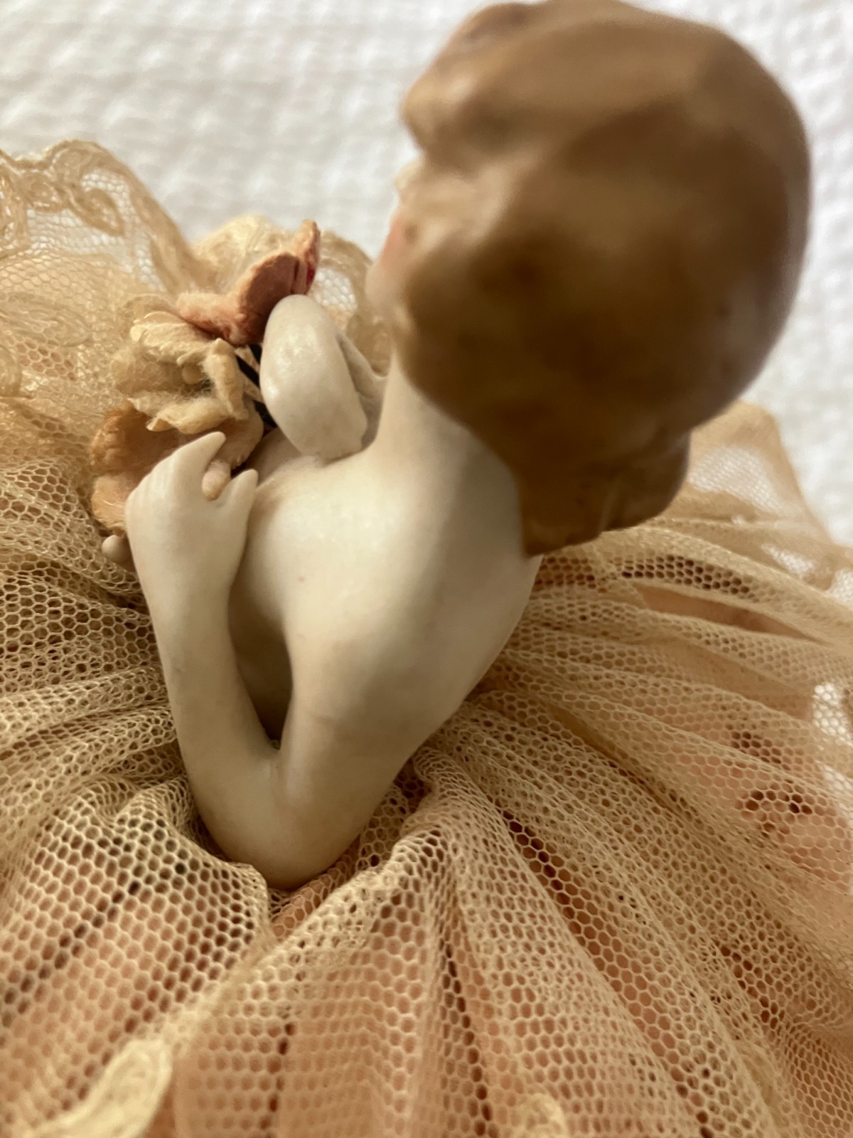 Antique Half Doll Arms Away Silk Satin & Lace Pin Cushion Germany