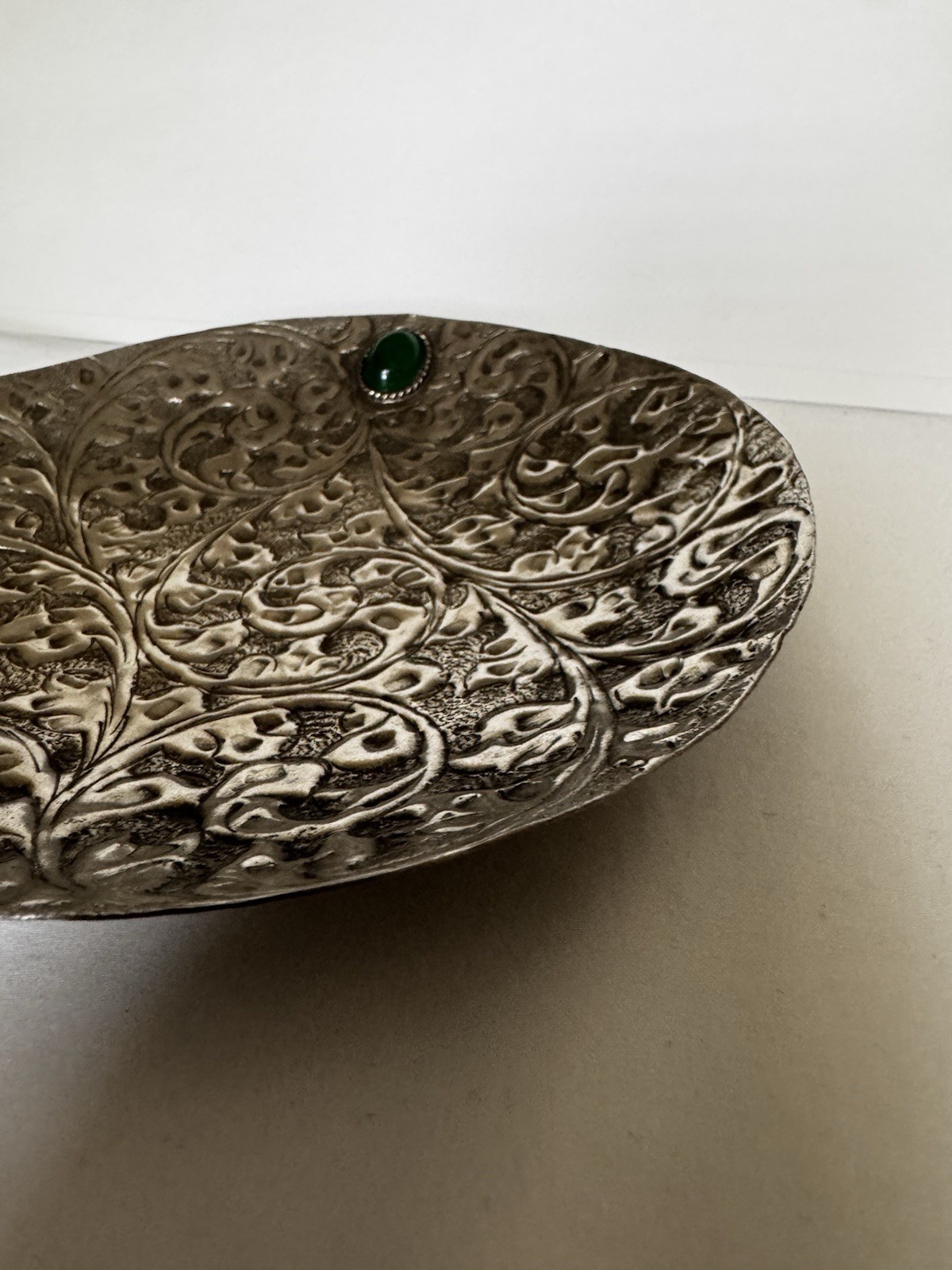 Silver Plated Decorative Plate with Green Stone and Engraved Floral Motifs