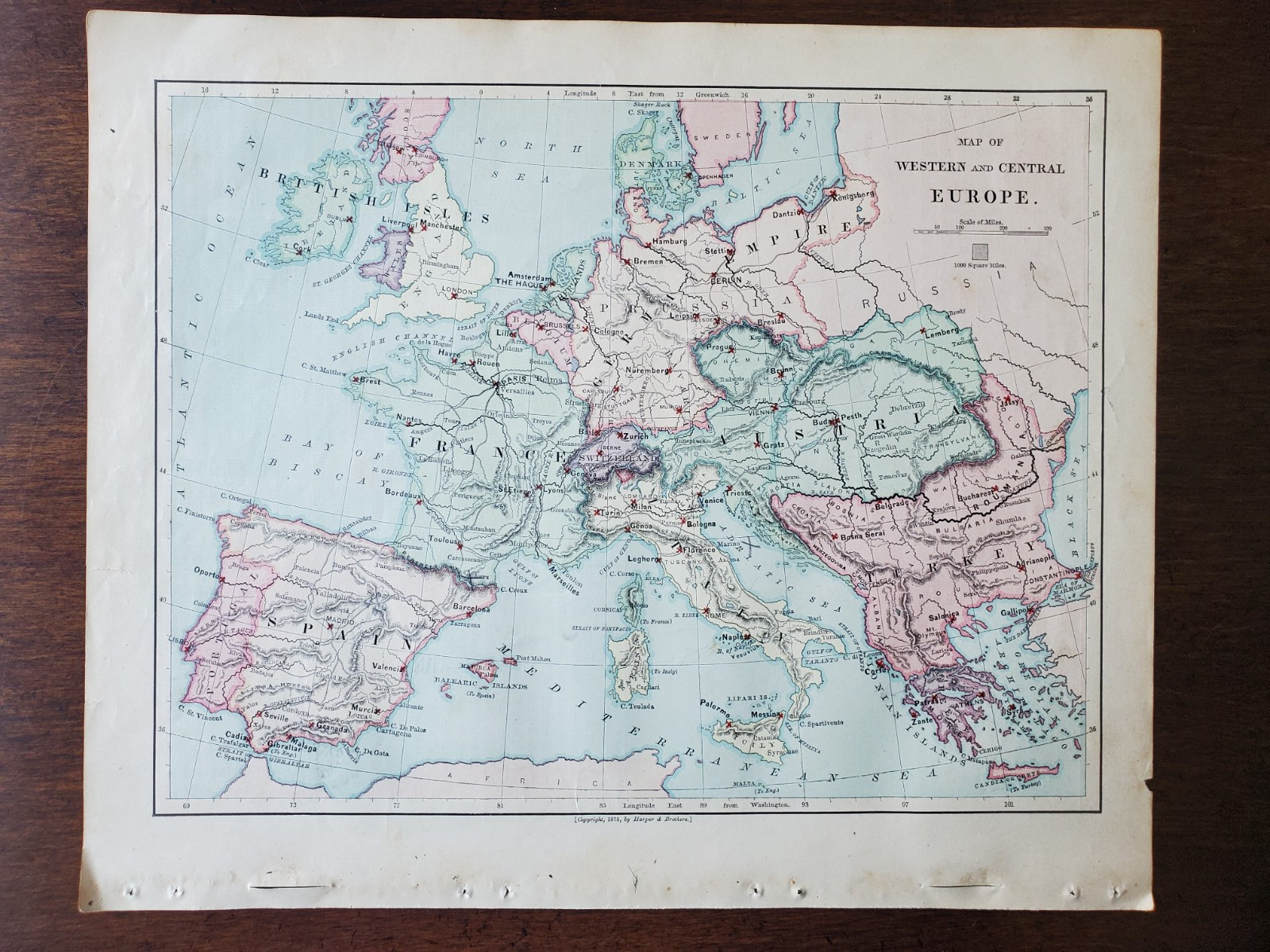 1877 Colored Map “Europe Map” Harper’s School Geography 10″x12″