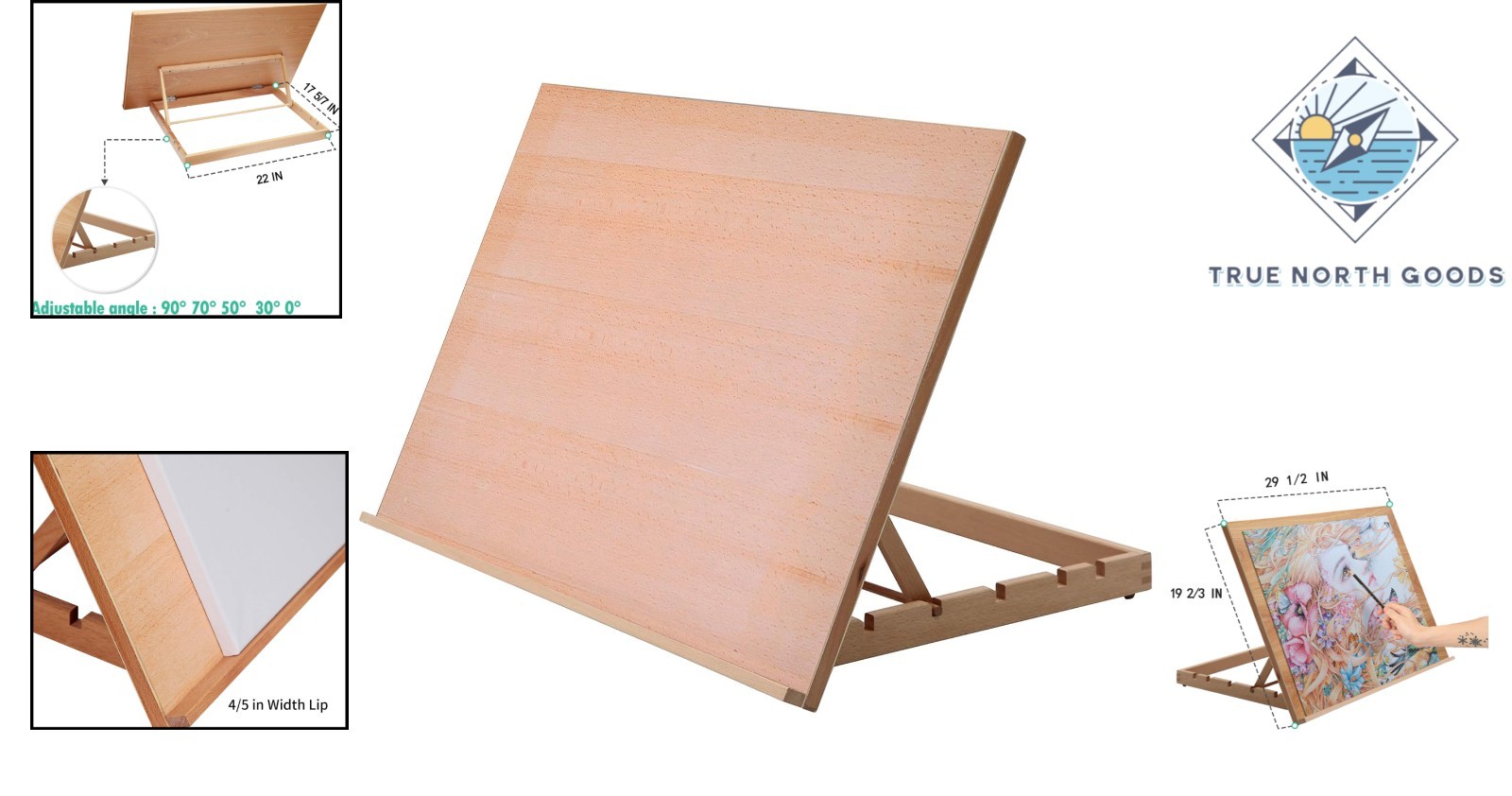 Extra Large 5-Position Drawing Table, Beech Wood Easel with Adjustable Angles