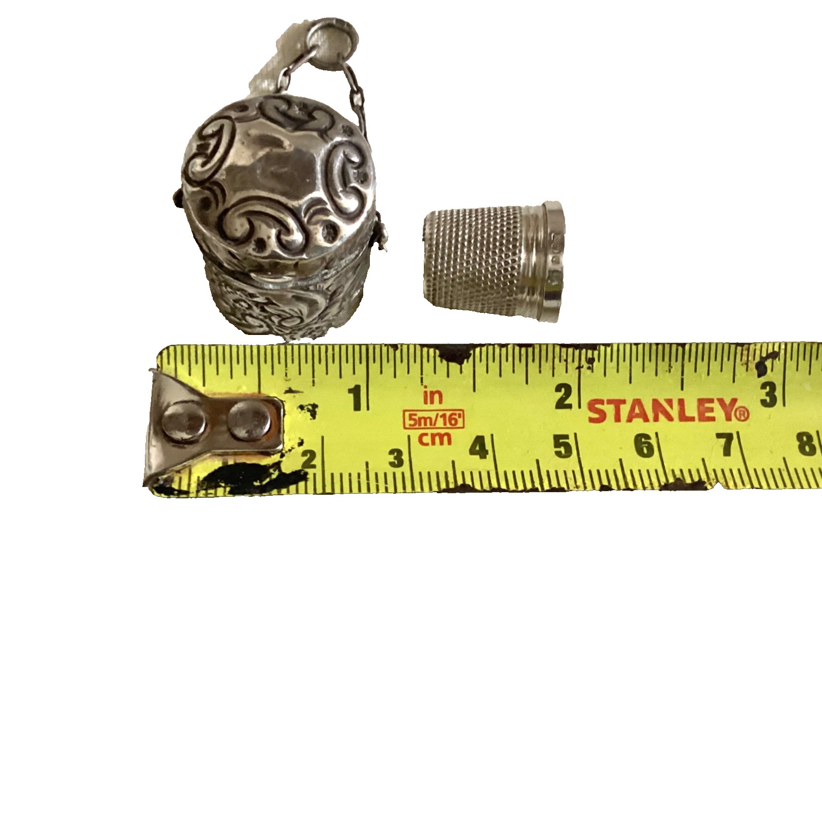 Antique Chester 1891 Solid Silver Chatelaine Thimble Holder & B’ham 1937 Thimble