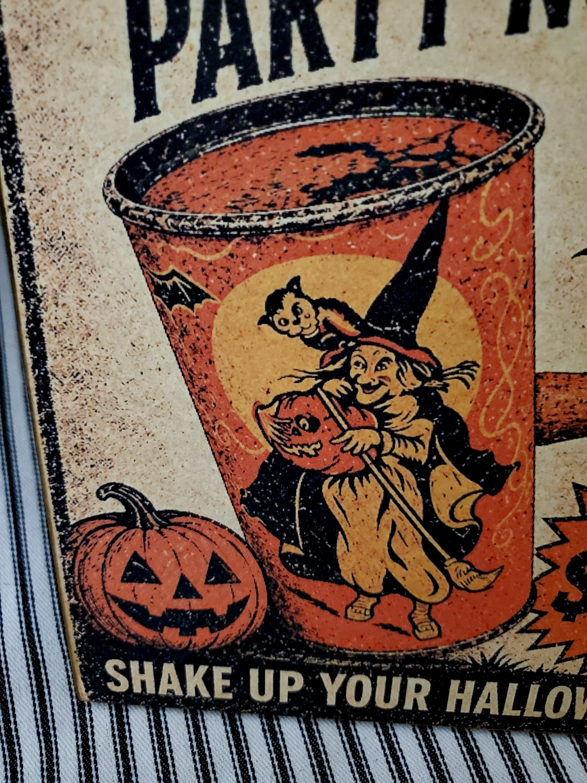 TIN PARTY NOISEMAKER OLD PRIMITIVE RETRO VINTAGE STYLE HALLOWEEN STORE AD SIGN